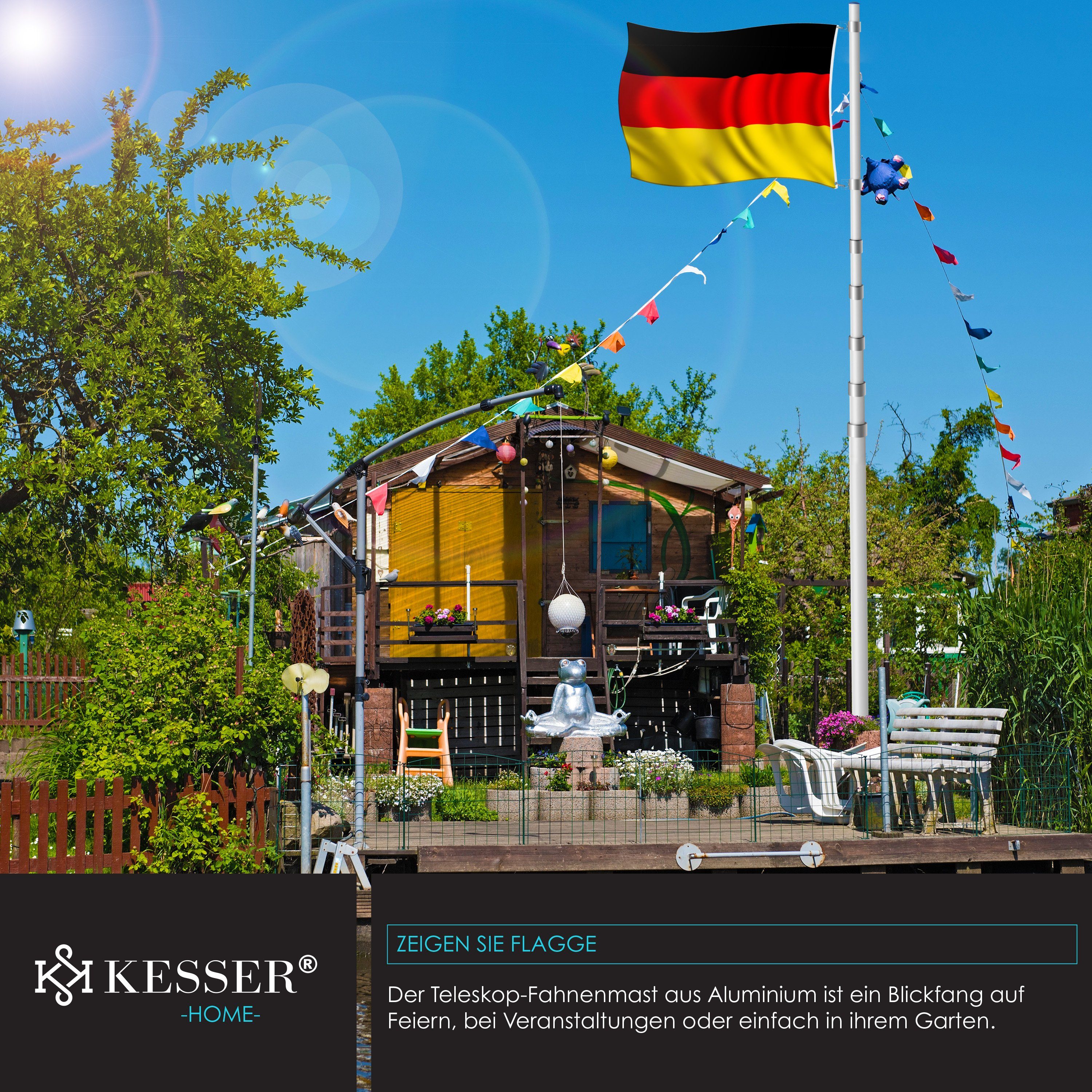 KESSER Fahne, Teleskop Fahnenmast 6,3m + Bodenhülse, 60cm Deutschland-Fahne