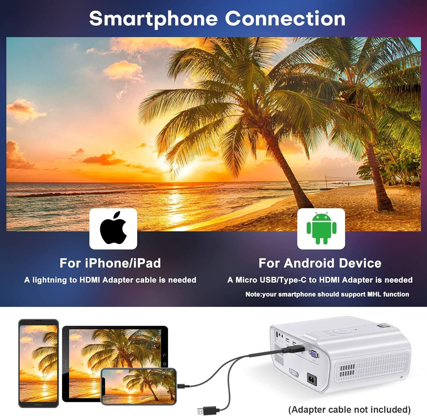 TOPVISION Bluetooth 5.1 Multimedia Heimkino250' Display Unterstützung Portabler Projektor (8500 lm, 10000:1, 1920 * 1080P px, kompatibel mit HDMI, USB, VGA, AV, Smartphone, Pad, TV Box, Laptop)