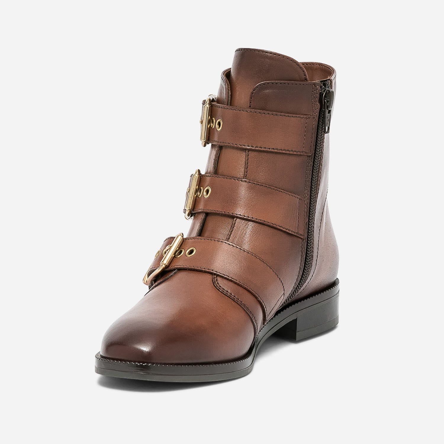 Boots cognac en cuir éco-conçu avec 3 brides