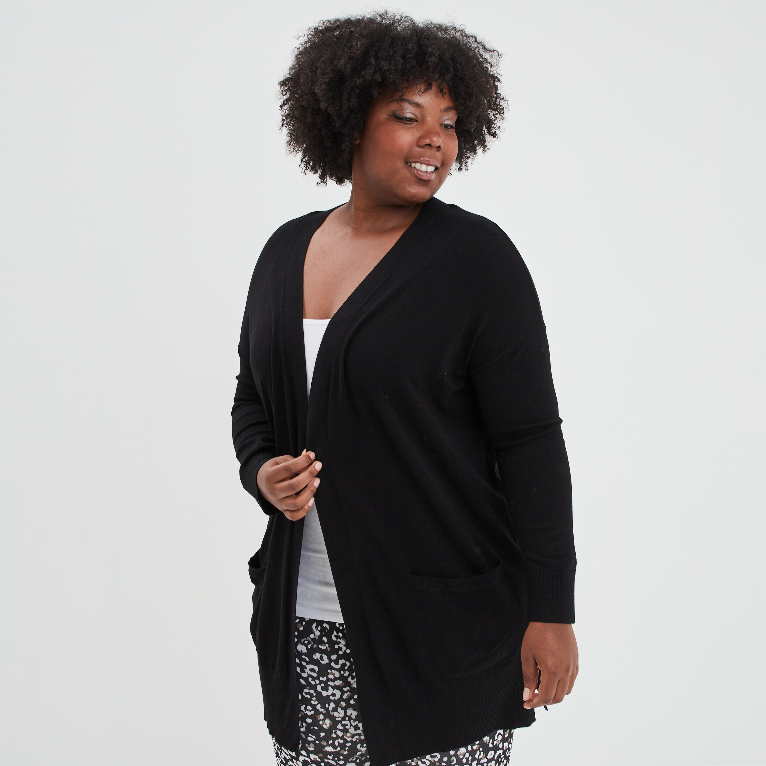 Gilet long droit avec poches noir femme grande taille | La Halle