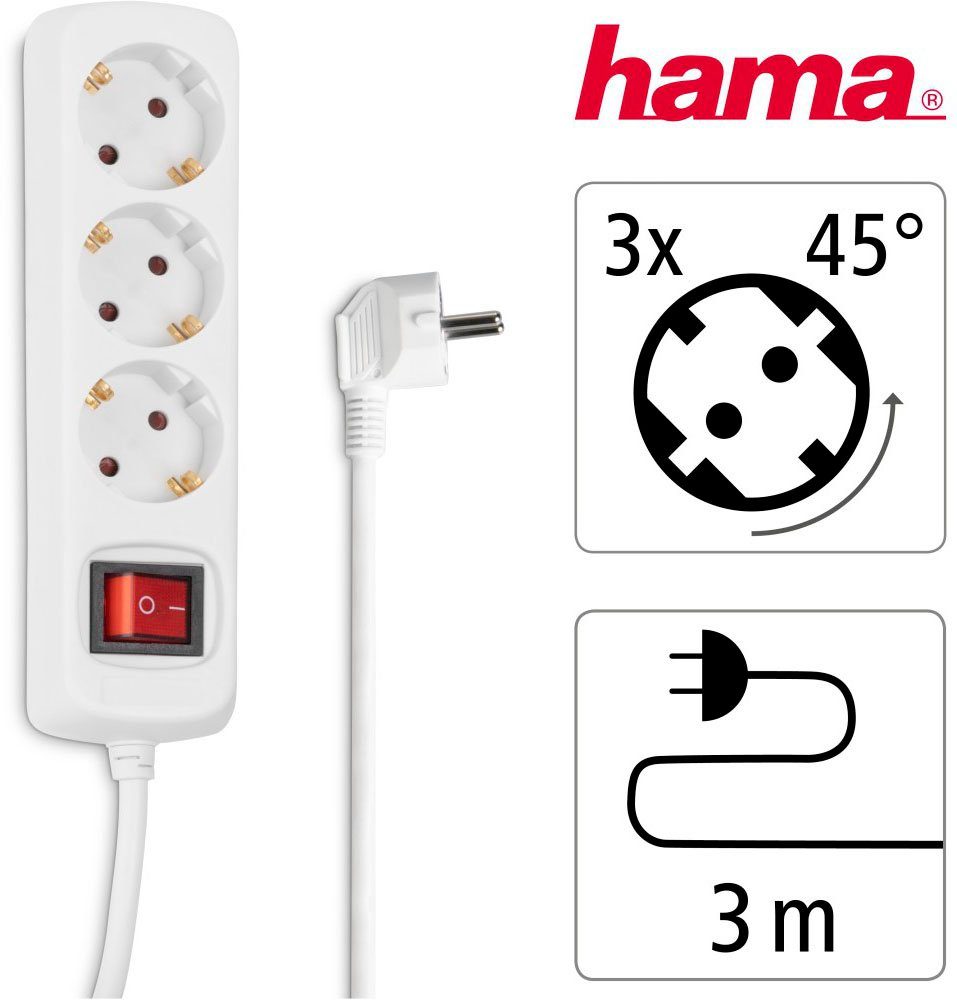 Hama Mehrfachsteckdose, 3-fach, Steckerleiste mit Schalter, 3 m Kabel, weiß Steckdosenleiste 3-fach (Kabellänge 3 m), Mehrfachsteckdose, Steckerleiste mit Schalter