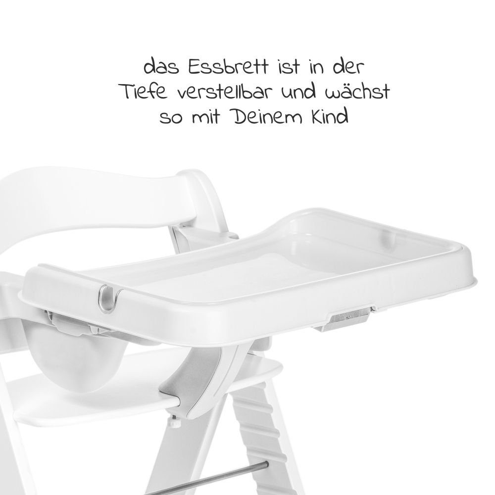 Hauck Hochstuhl Alpha Plus Weiß, Holz Kinderhochstuhl mit Essbrett, Sitzkissen verstellbar, mitwachsend