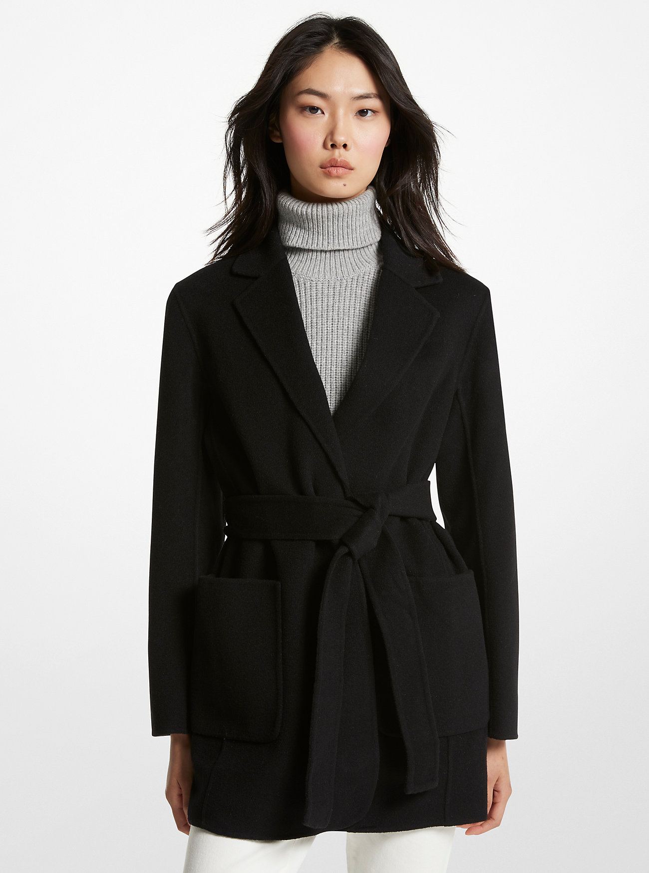 Double Faced Wool Blend Belted Coat - BLACK