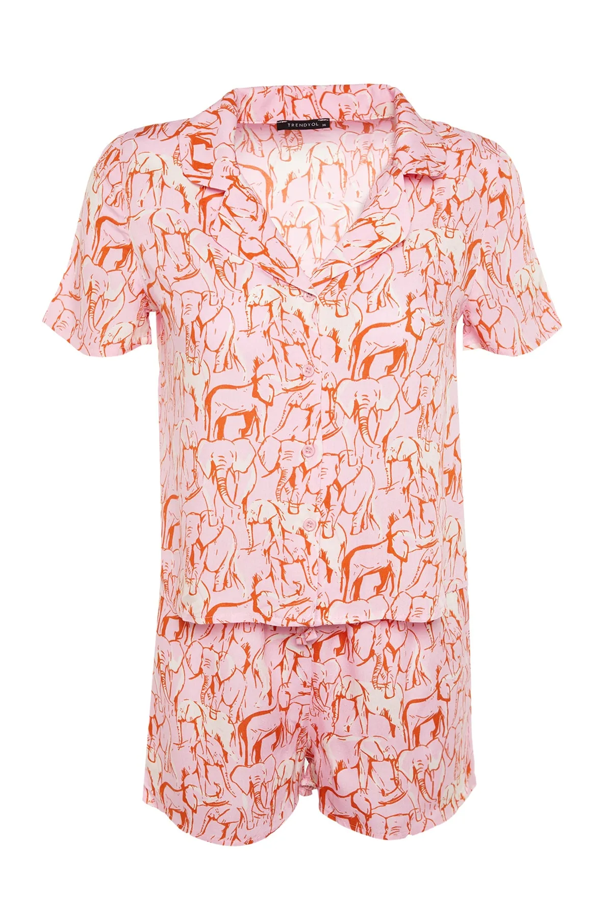 Trendyol Collection  Rosafarbenes, gewebtes Pyjama-Set aus Hemd und Shorts mit Tiermuster aus Viskose THMSS21PT0861