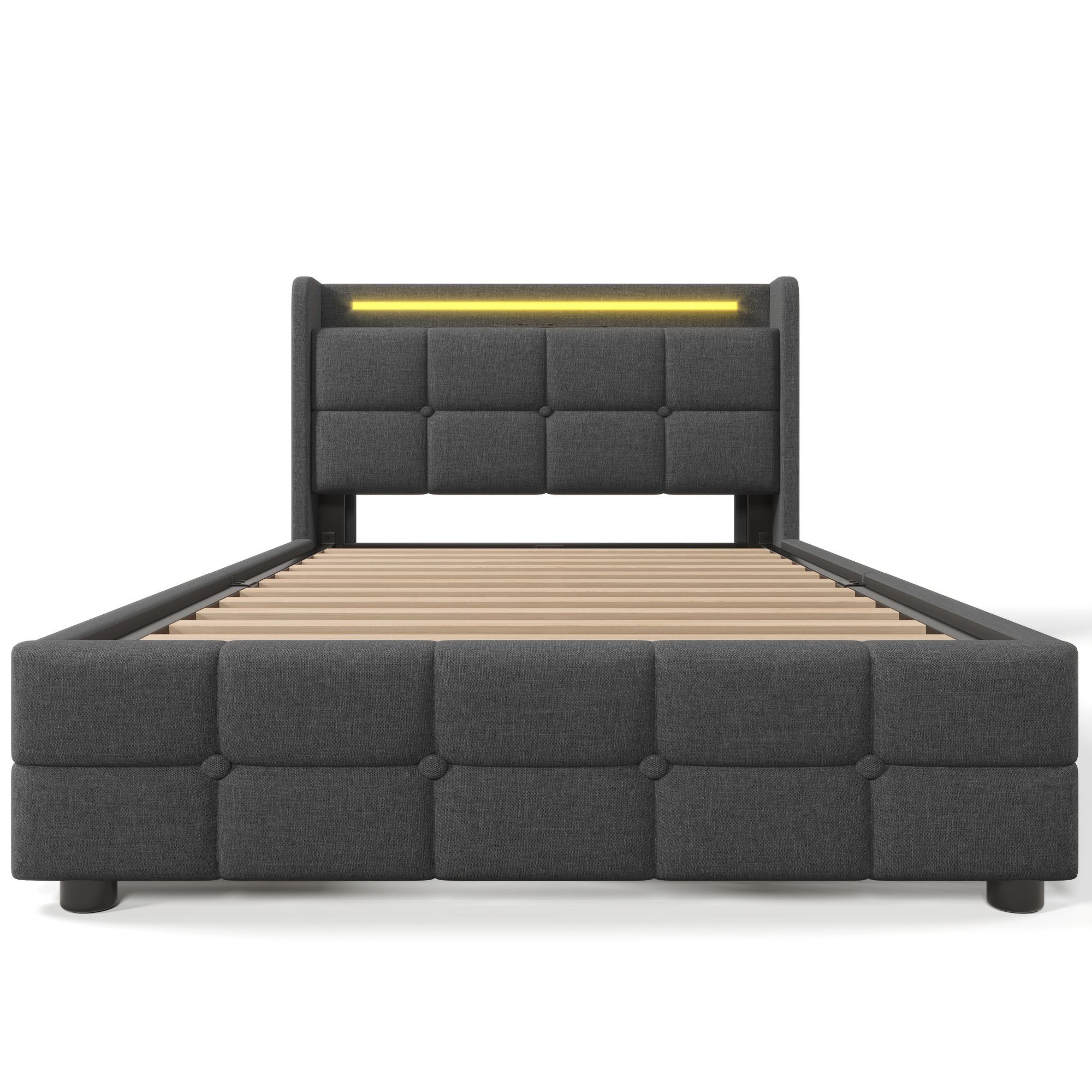 Flieks Polsterbett, LED-Beleuchtung Einzelbett 90x200cm mit Ladefunktion und 2 Schubladen