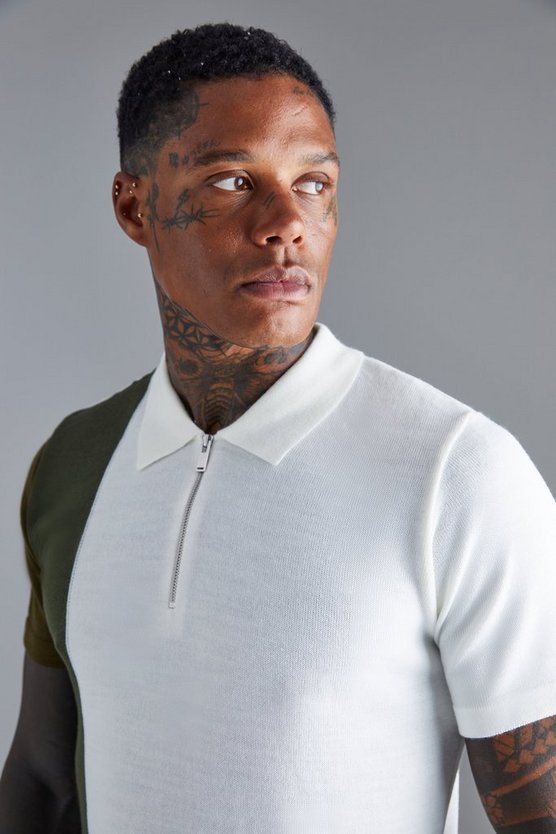 Kurzärmliges Colorblock Strick-Poloshirt mit halbem Reißverschluss