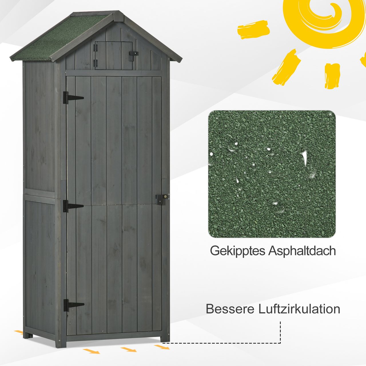 Outsunny Gartenschrank Geräteschuppen mit Fachböden Asphaltdach Holz Grau