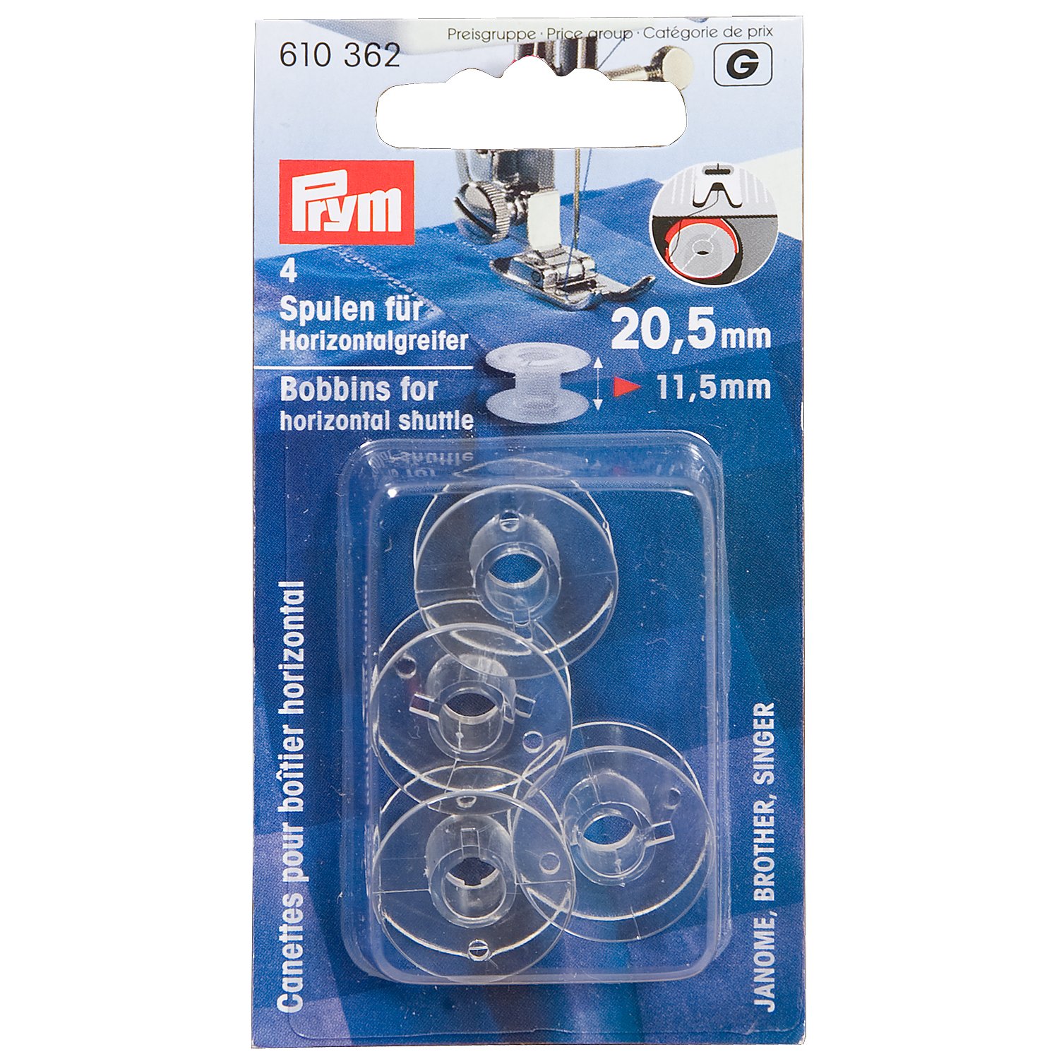 Prym Nähmaschinenspulen für Horizontalgreifer, 20,5 mm Ø, Höhe: 11,5 mm, Inhalt: 4 Stück