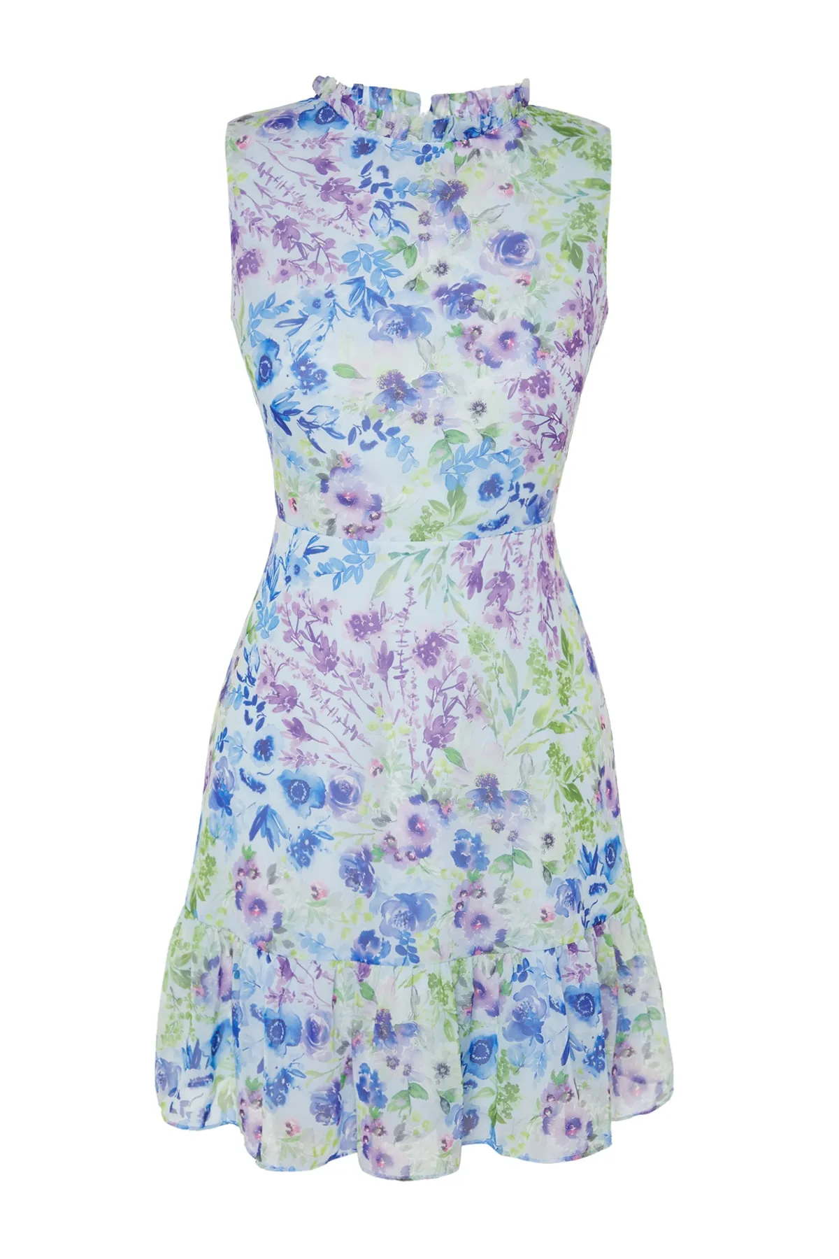 Trendyol Collection  Blaues, geblümtes Mini-Rüschen-Webkleid TWOSS20EL0681
