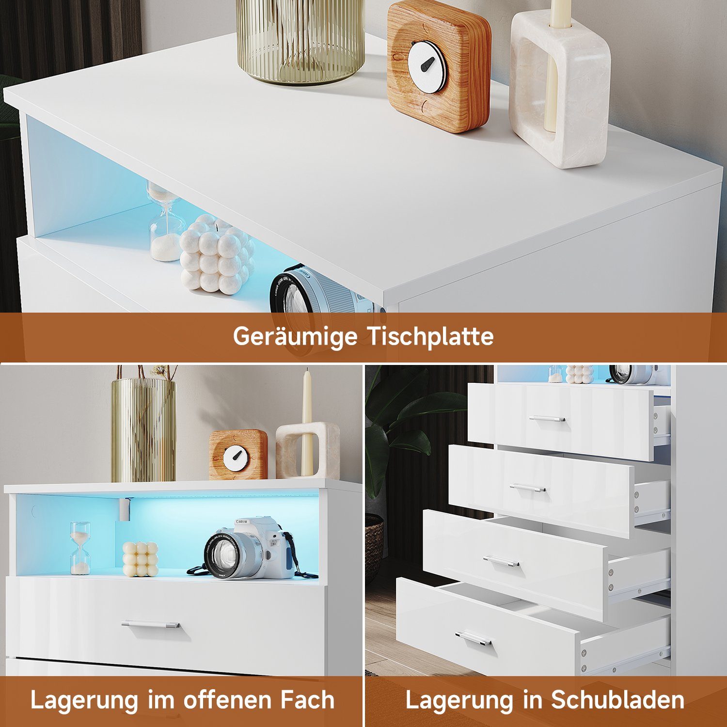 SONNI Kommode kommode Weiß,4 schubladen und offene Fächer, 60x40x83cm, Schlafzimmer Flur, Schrank, Sideboard, Highboard, mit led beleuchtung
