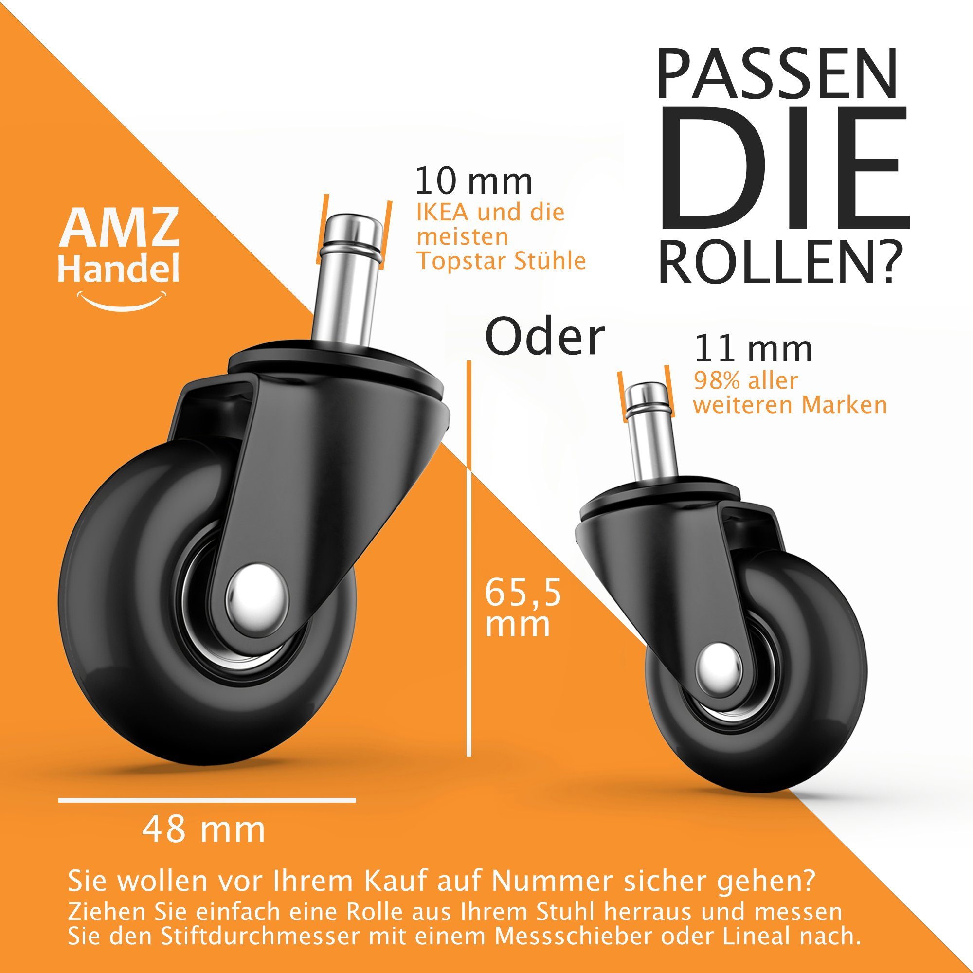 AMZHANDEL Stuhlrolle Hartbodenrollen Ø48mm für Ihren Bürostuhl mit 10 oder 11mm Stift, (5xBürostuhlrollen, 5-St), vermeidet Kratzer & Macken