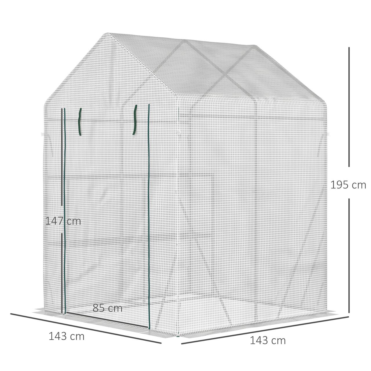 Outsunny Foliengewächshaus begehbares Gewächshaus mit 4 Regalebenen Tomatengewächshaus Treibhaus Frühbeet mit Reißverschlusstüren Weiß Stahl PE-Kunststoff 143 x 143 x 195 cm