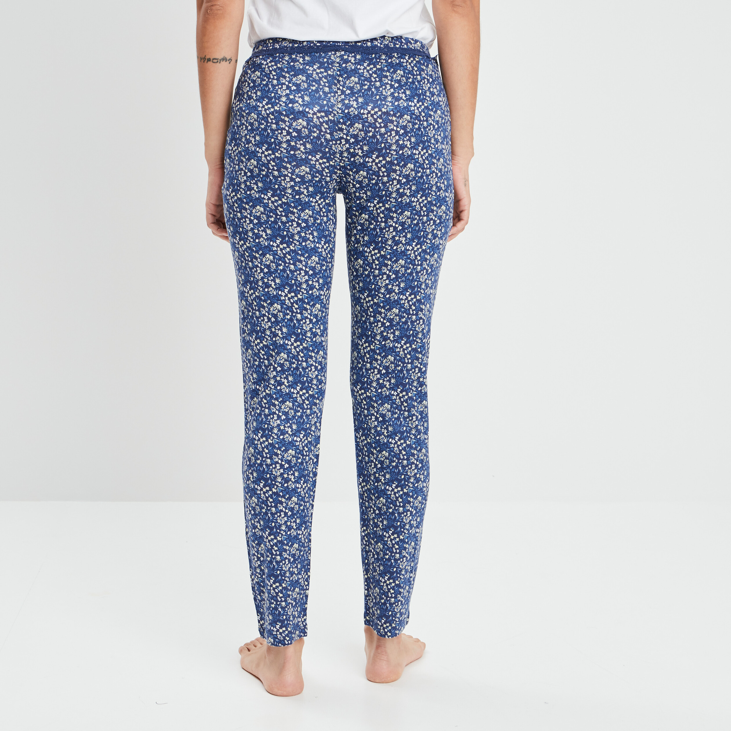 Pantalon pyjama liseré dentelle bleu marine femme | La Halle