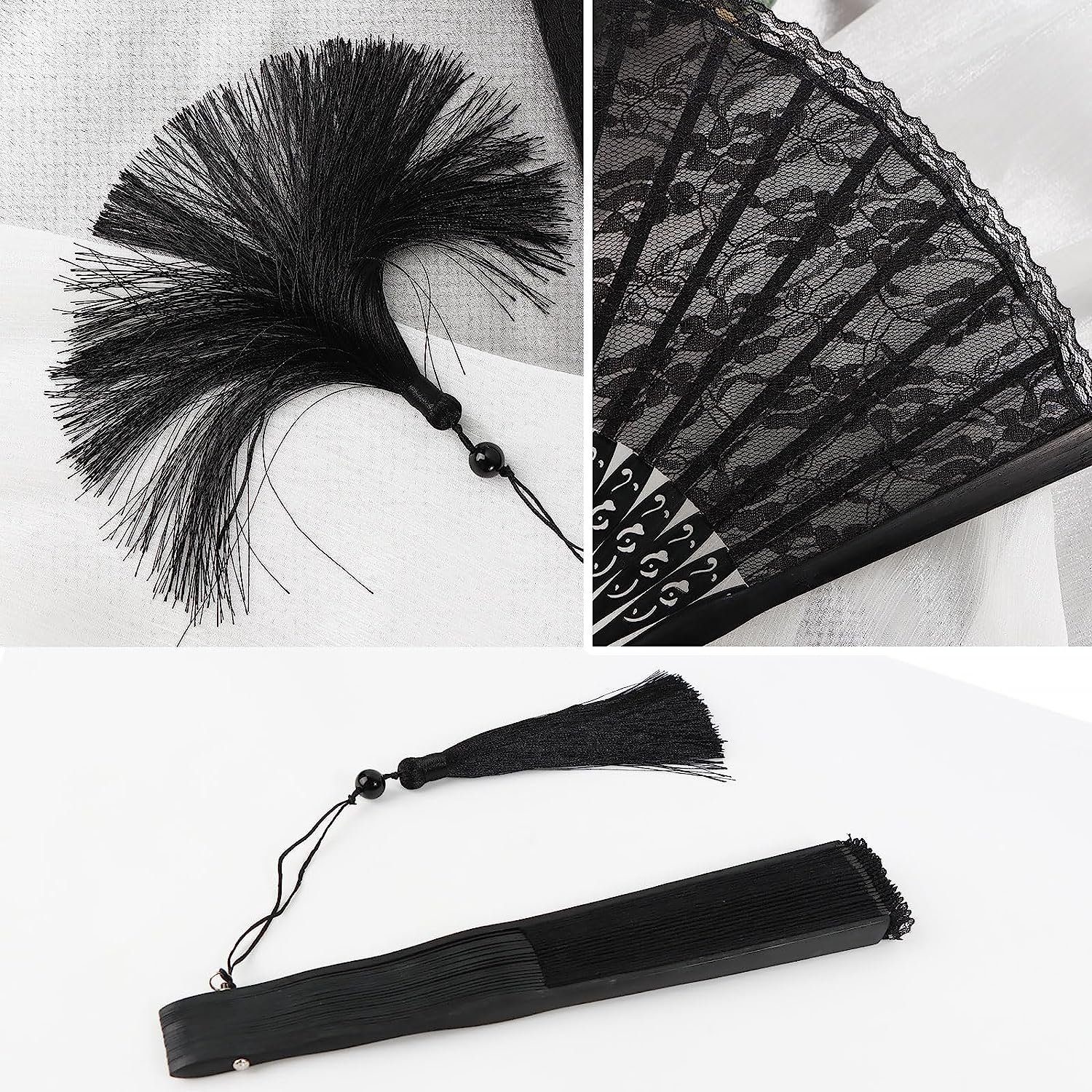DRSEON Handfächer Spitzenfächer Mit Quaste Vintage Fächer (Schwarz)