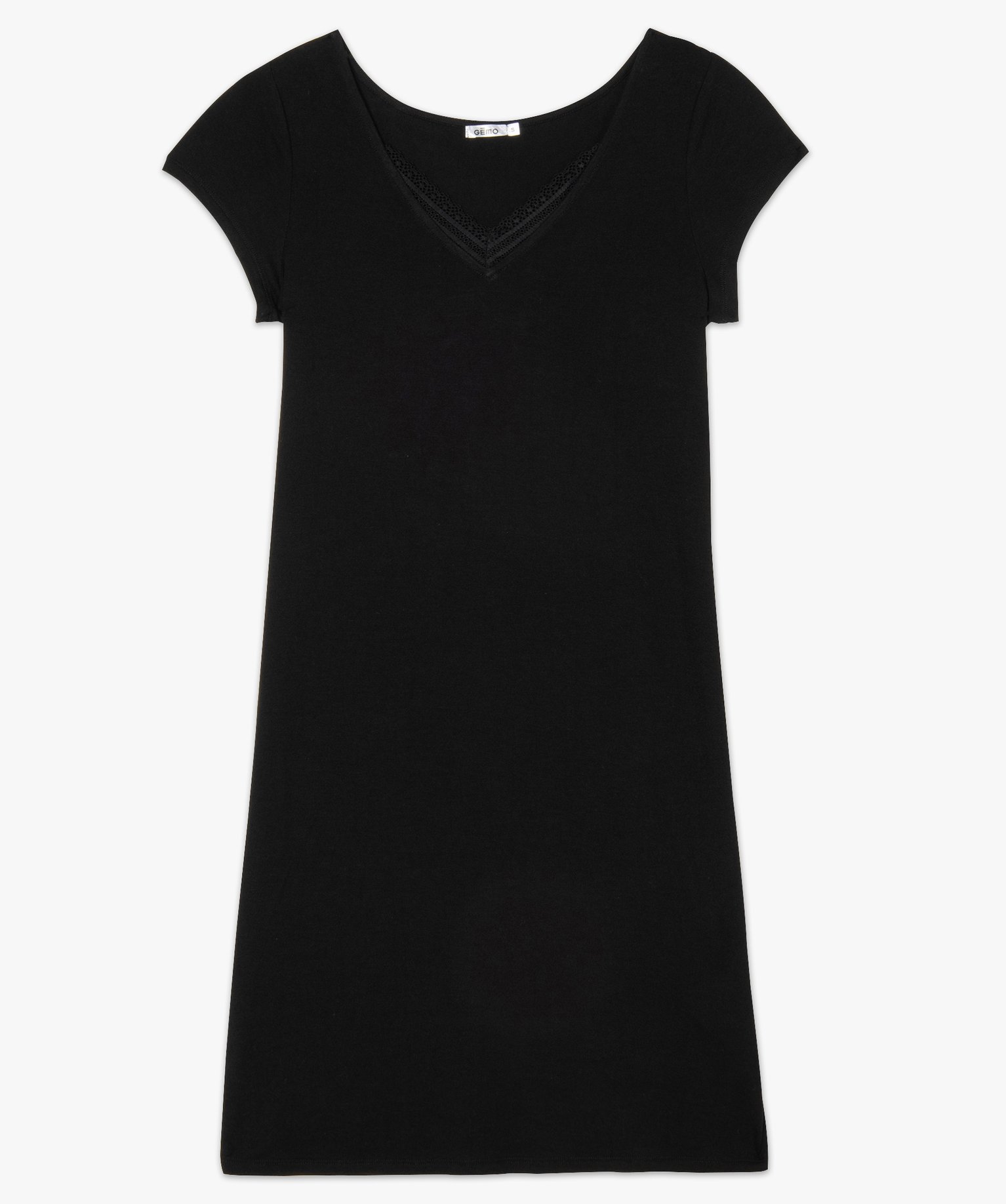 Chemise de nuit en maille extensible avec col V en dentelle ... noir | GEMO