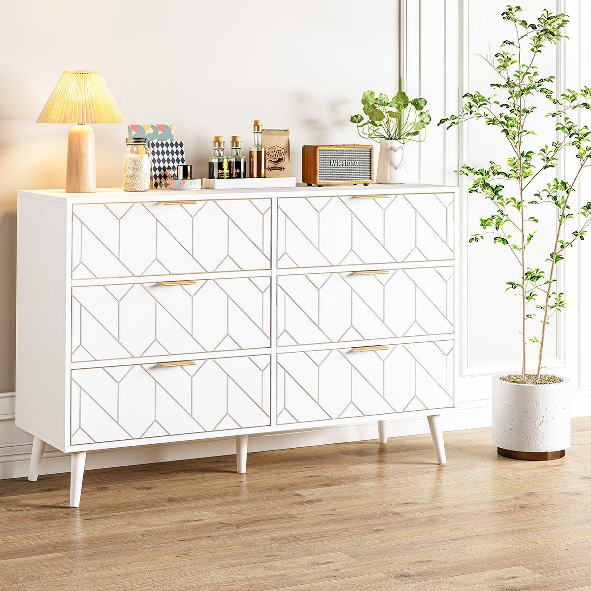 PHOEBE CAT Sideboard (Kommode mit 6 Schubladen), Highboard für Schlafzimmer & alle Wohnräume, 120x39.5x80.5cm