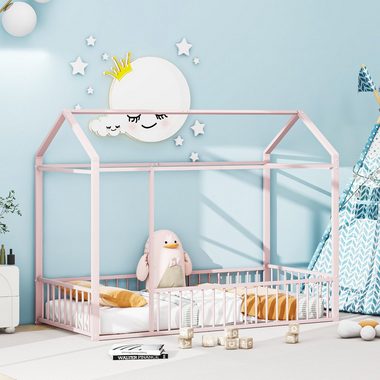Celya Metallbett Kinderbett Hausbettrahmen mit Zaun für Kinder, Teenager, Mädchen, Jungen, 90 x 200cm, Rosa