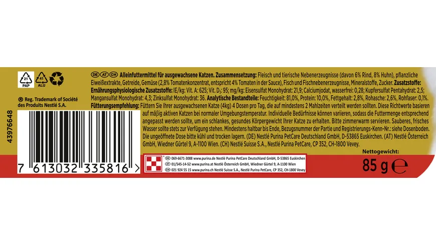 PURINA GOURMET Gold Délicatesse en Sauce mit Rind & Huhn in einer Sauce mit Tomaten 85 g