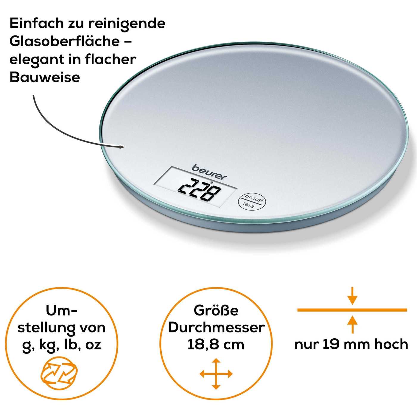 Beurer Küchenwaage - KS 28-Runde Küchenwaage mit Glasoberfläche in flachem & modernen Design