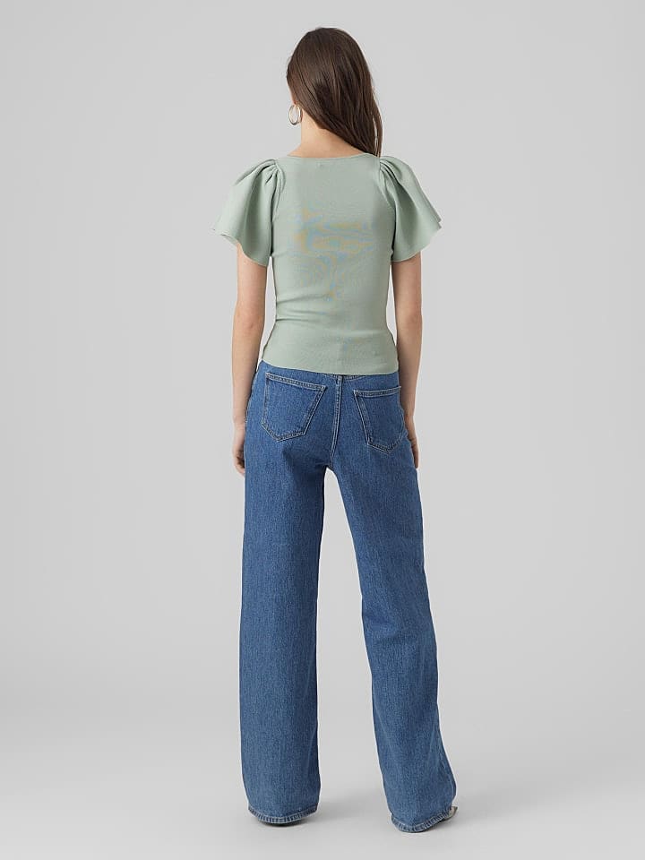 Vero Moda Geripptes Rüschen T-Shirt Kurzarm Strick Shirt VMGINNY in Mint günstig kaufen XS