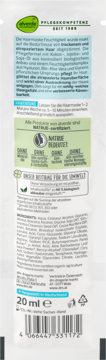 Haarmaske Feuchtigkeit Aloe Vera & Hyaluron, 20 ml