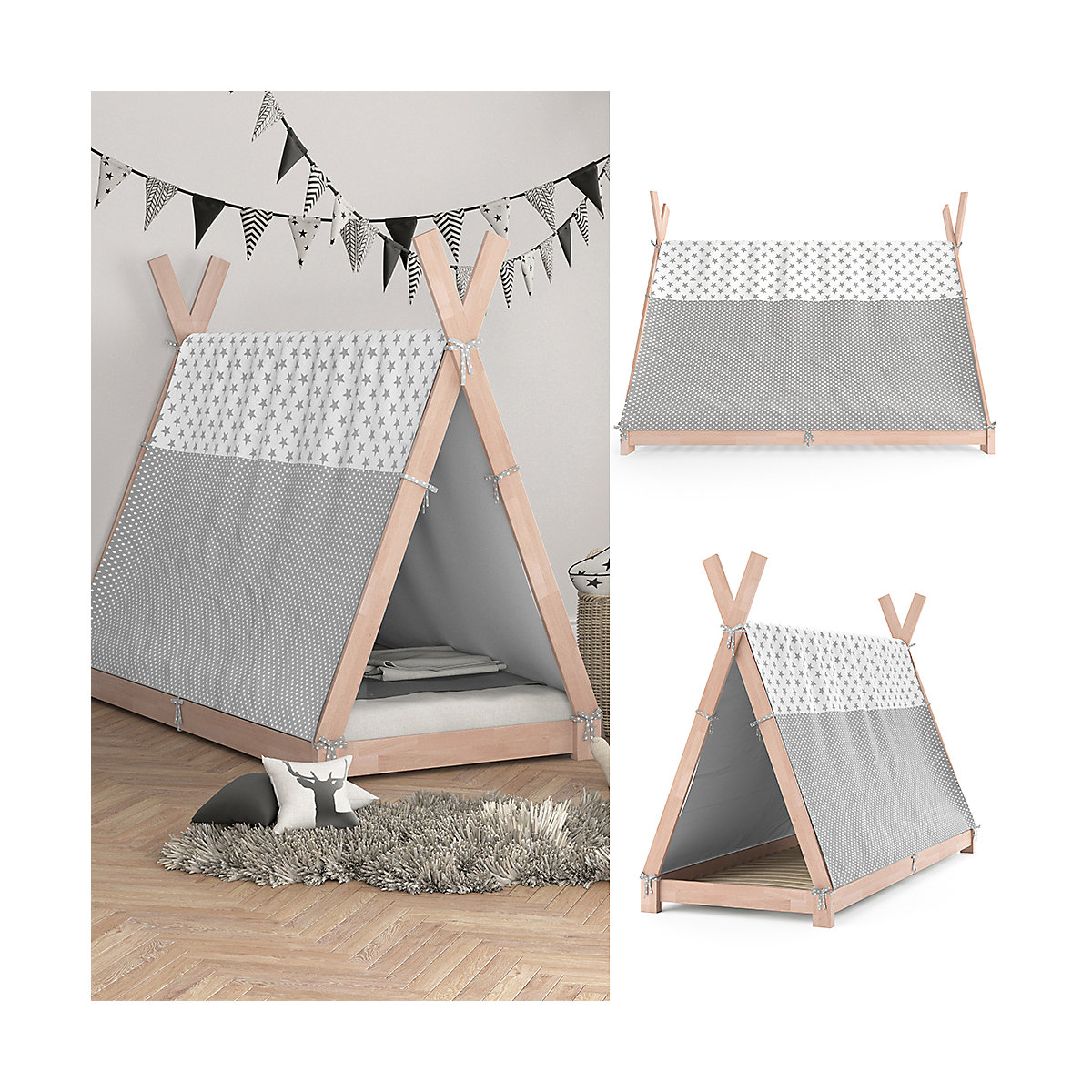 Kinderbett Hausbett Tipi + Überwurf 90x200cm Indianerzelt Indianerbett