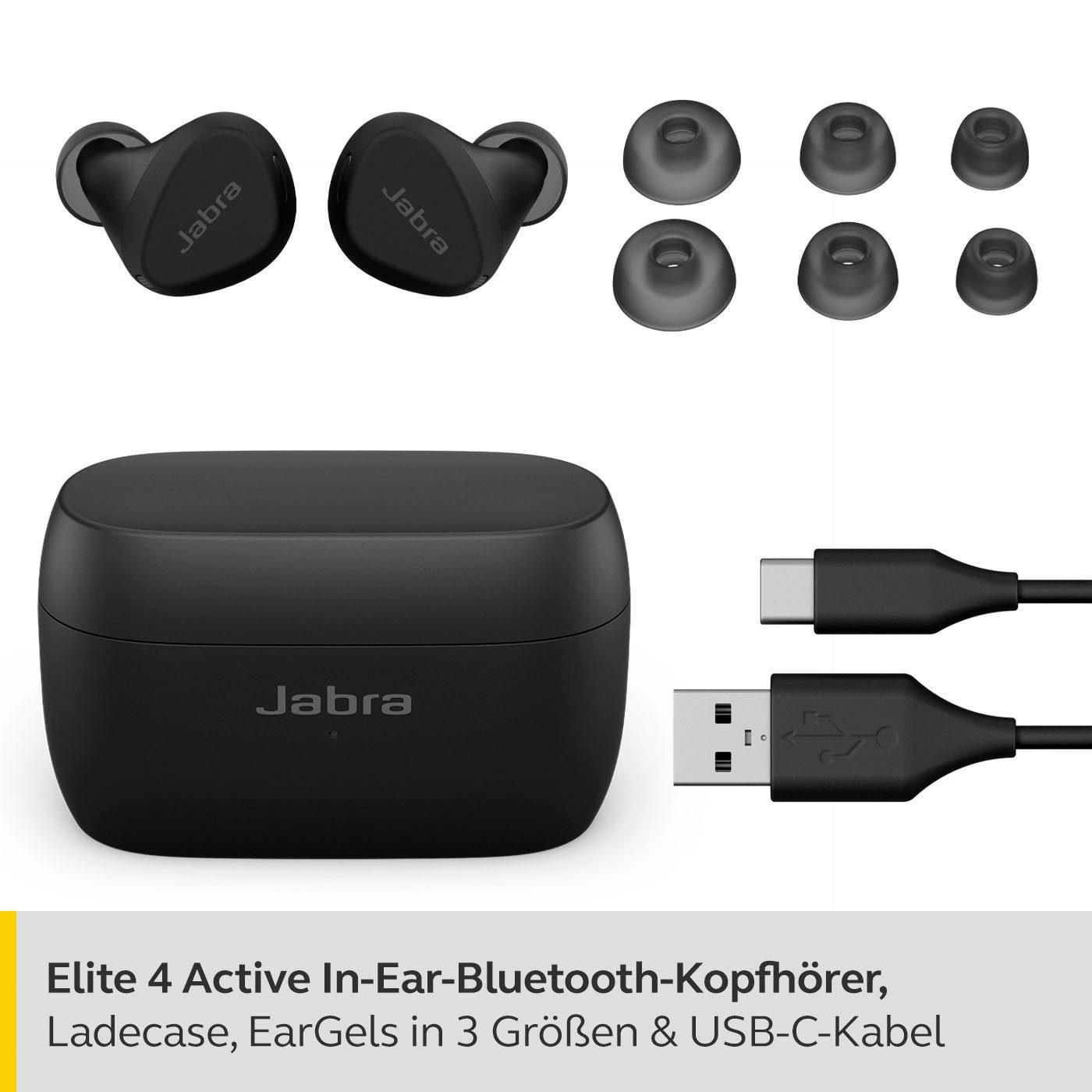 Jabra Elite 4 active Bluetooth-Kopfhörer (Active Noise Cancelling (ANC), Freisprechfunktion, Sprachsteuerung, True Wireless, integrierte Steuerung für Anrufe und Musik, Alexa, Google Assistant, Siri, Bluetooth)