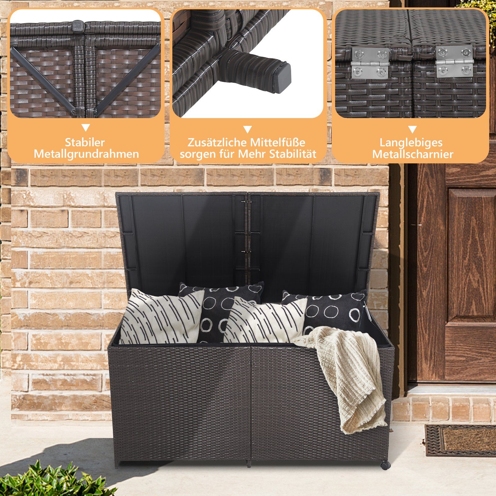 COSTWAY Auflagenbox 662L, wasserdicht, Rattan, mit Rollen, groß, 150x77x73cm