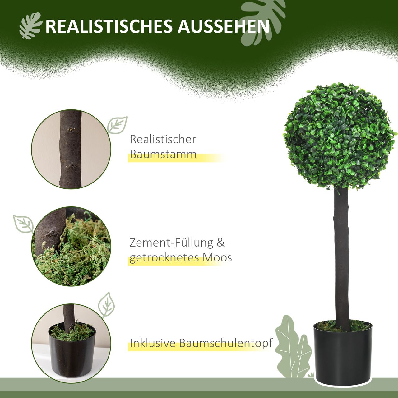 HOMCOM Künstliche Pflanzen, 2er-Set UV-beständige Zimmerpflanze, 60 cm Buchsbaum