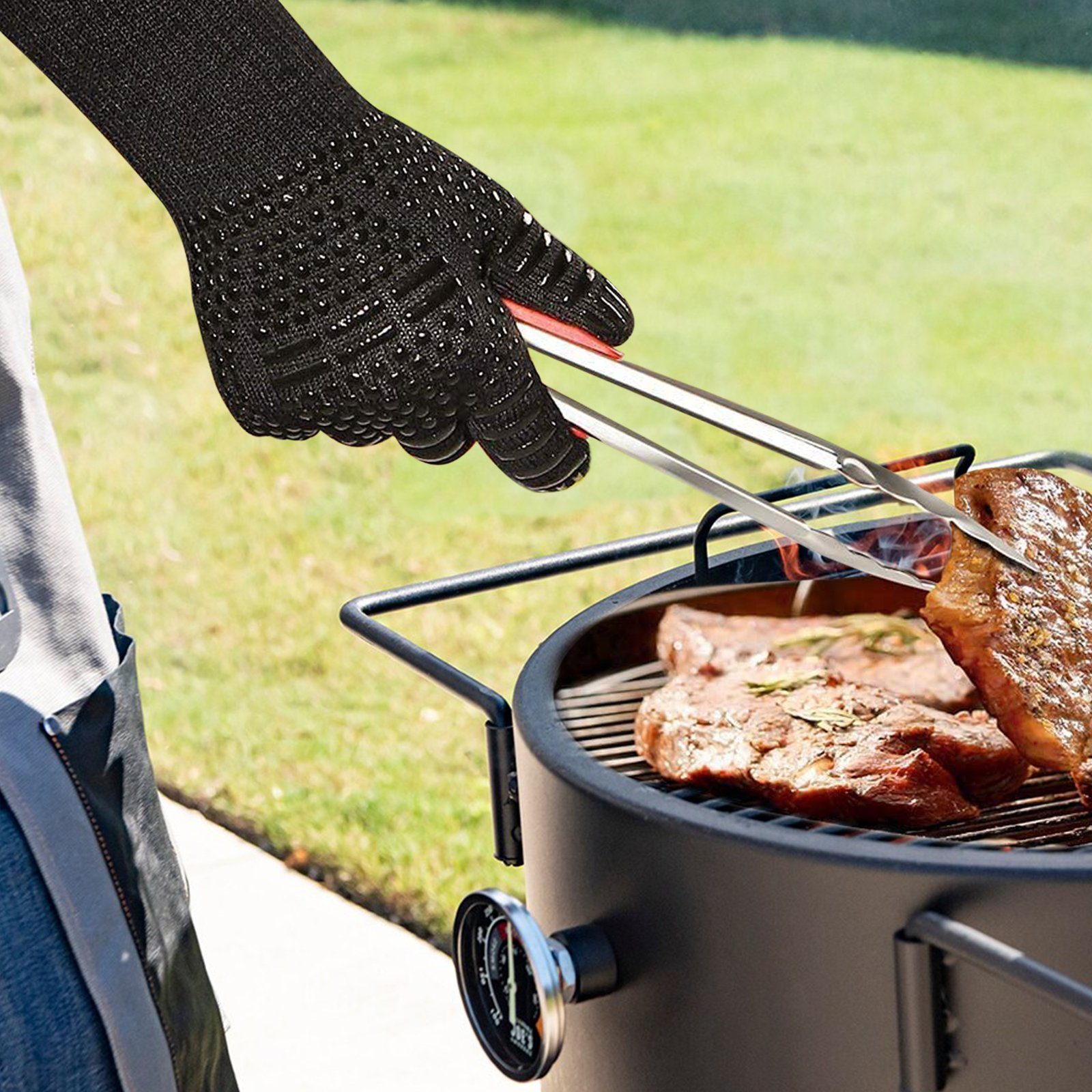 CALIYO Grillhandschuhe Grillhandschuhe Hitzebeständig 800 Grad, mit Silikonbeschichtung, Rutschfeste Waschbare, für Grill,BBQ,Backen