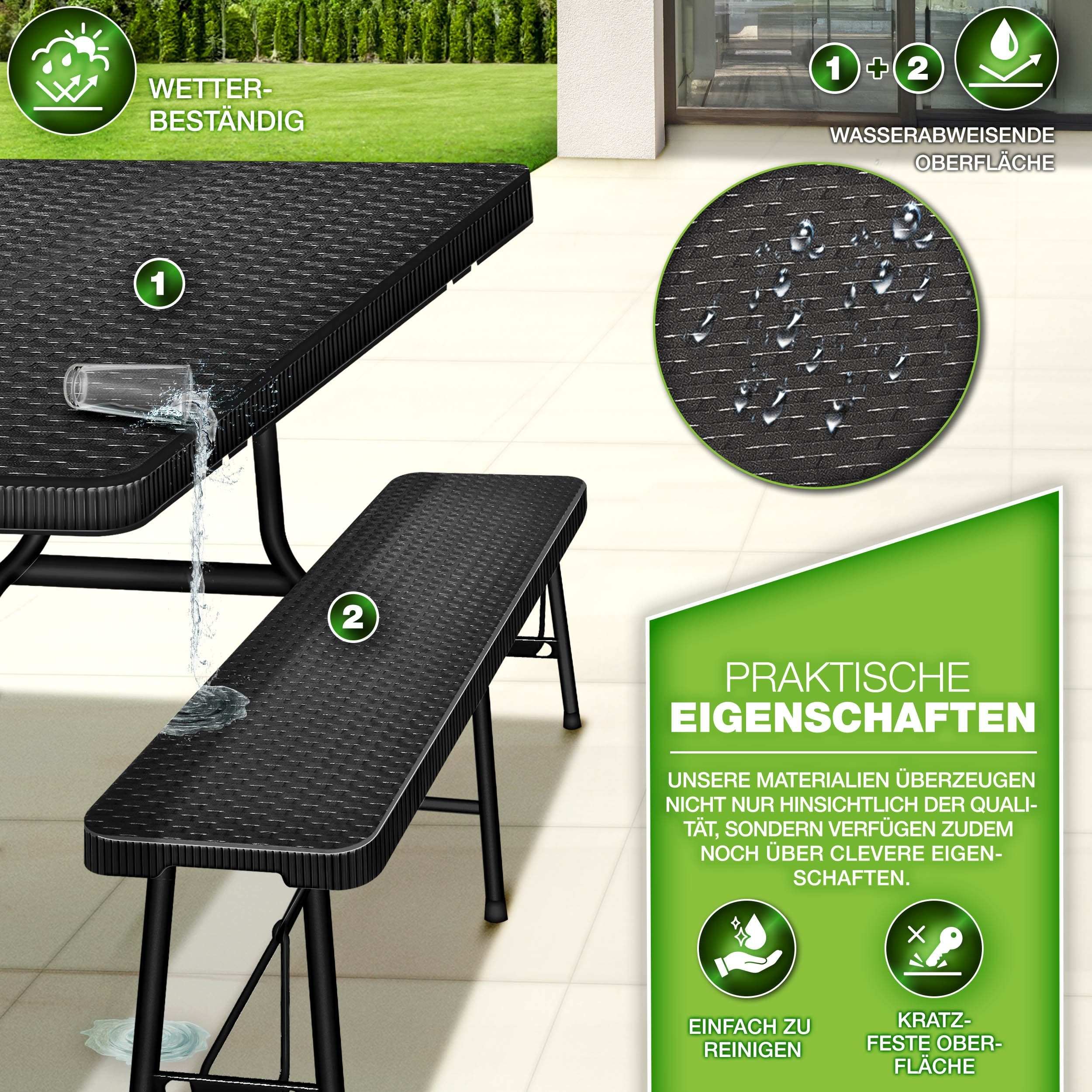tillvex Bierzeltgarnitur klappbar 3-teilig Set Rattan Gartengarnitur wetterfest 180 cm, (Gartenmöbel Set Indoor & Outdoor mit Gartentisch und Bänken, Festzeltgarnitur)
