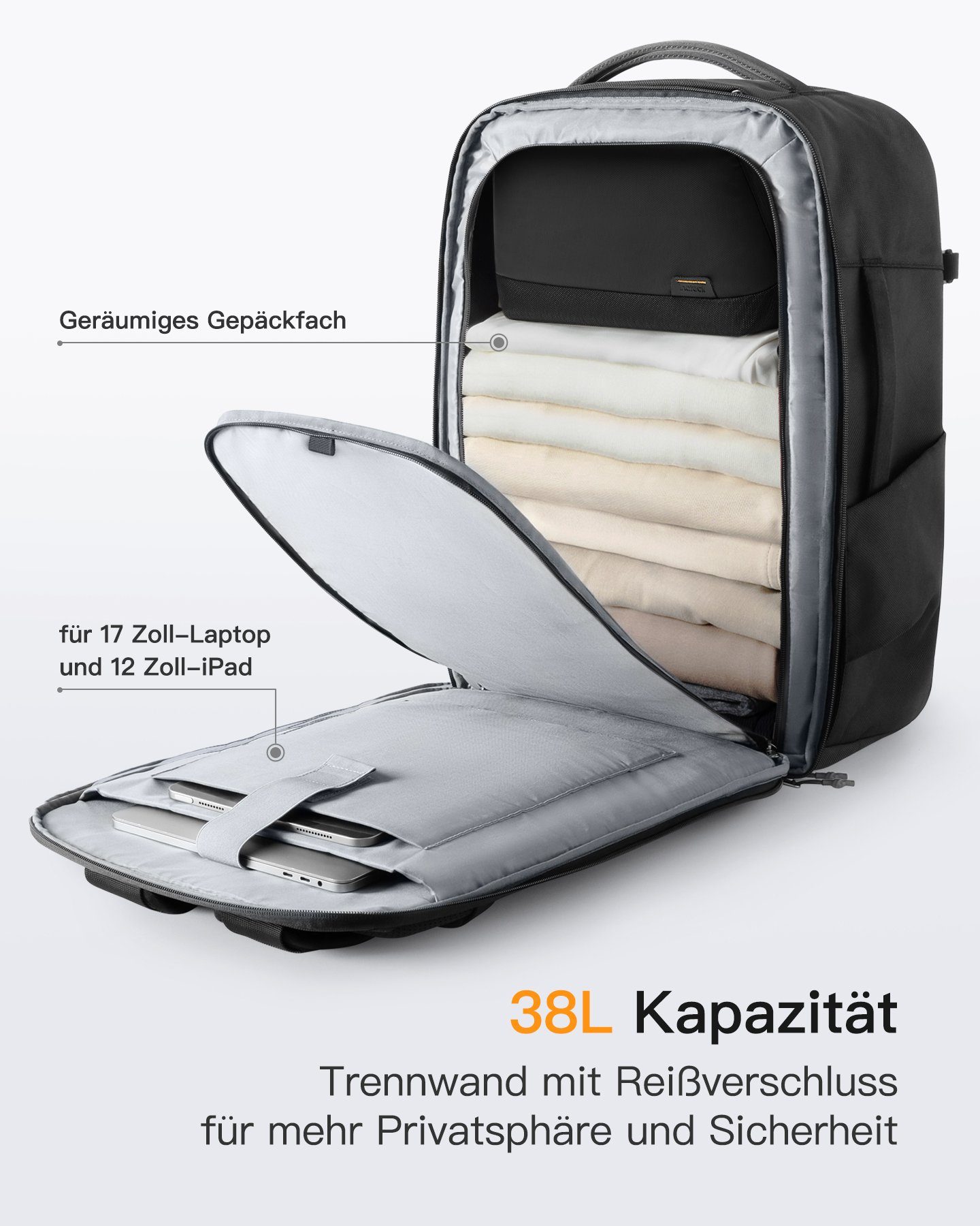 Inateck Reiserucksack TSA-freundliche 38L kompatibel mit 17'' Laptop, Rucksack mit Schuhfach