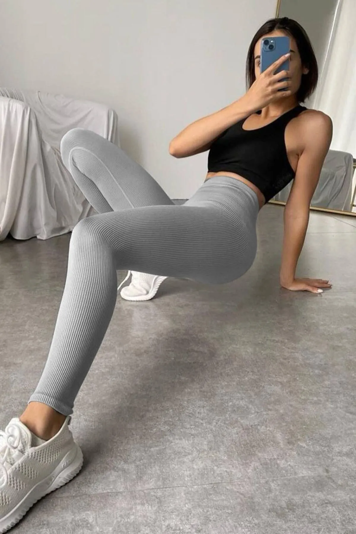 Madmext  Gefärbte graue gerippte Damen-Leggings mit hoher Taille Mg1625
