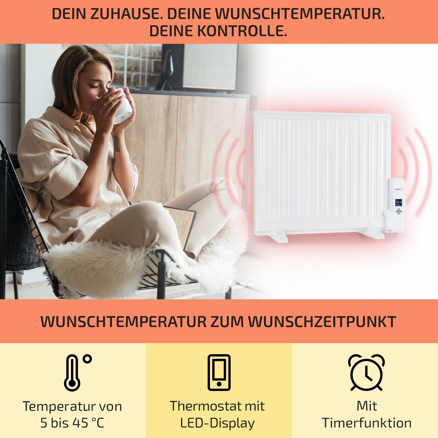 ONECONCEPT Heizstrahler Wallander, 600 W, Ölradiator Thermostat Radiator elektrisch energiesparend Heizkörper