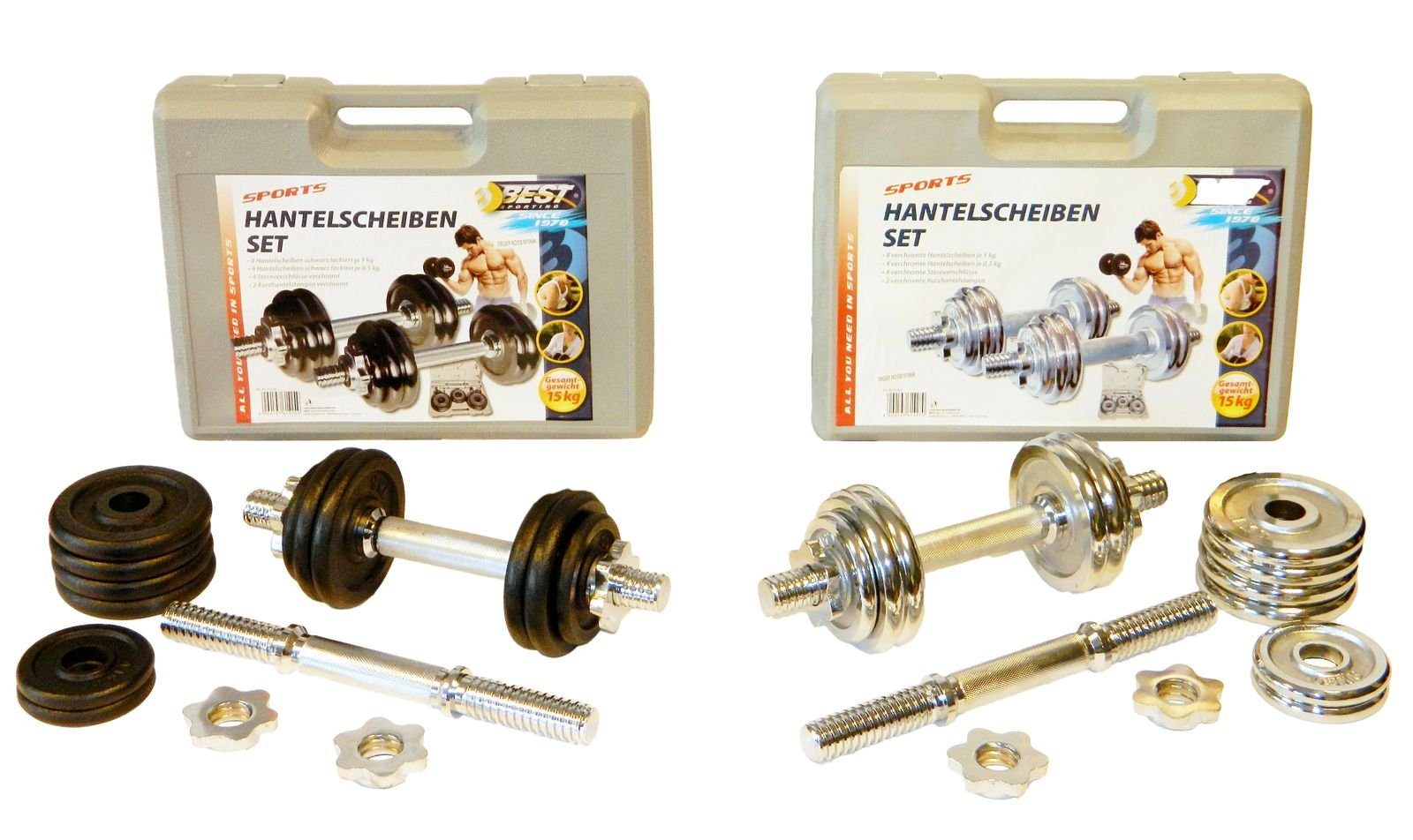 Best Sporting Hantel-Set 2er Hantelset Kurzhantel Hantelkoffer Set 15 kg aus Gusseisen mit Stellringen, Hanteln verstellbar für Männer und Frauen - Für Dein Workout mit Dumbbells - Adjustable Dumbbell Set