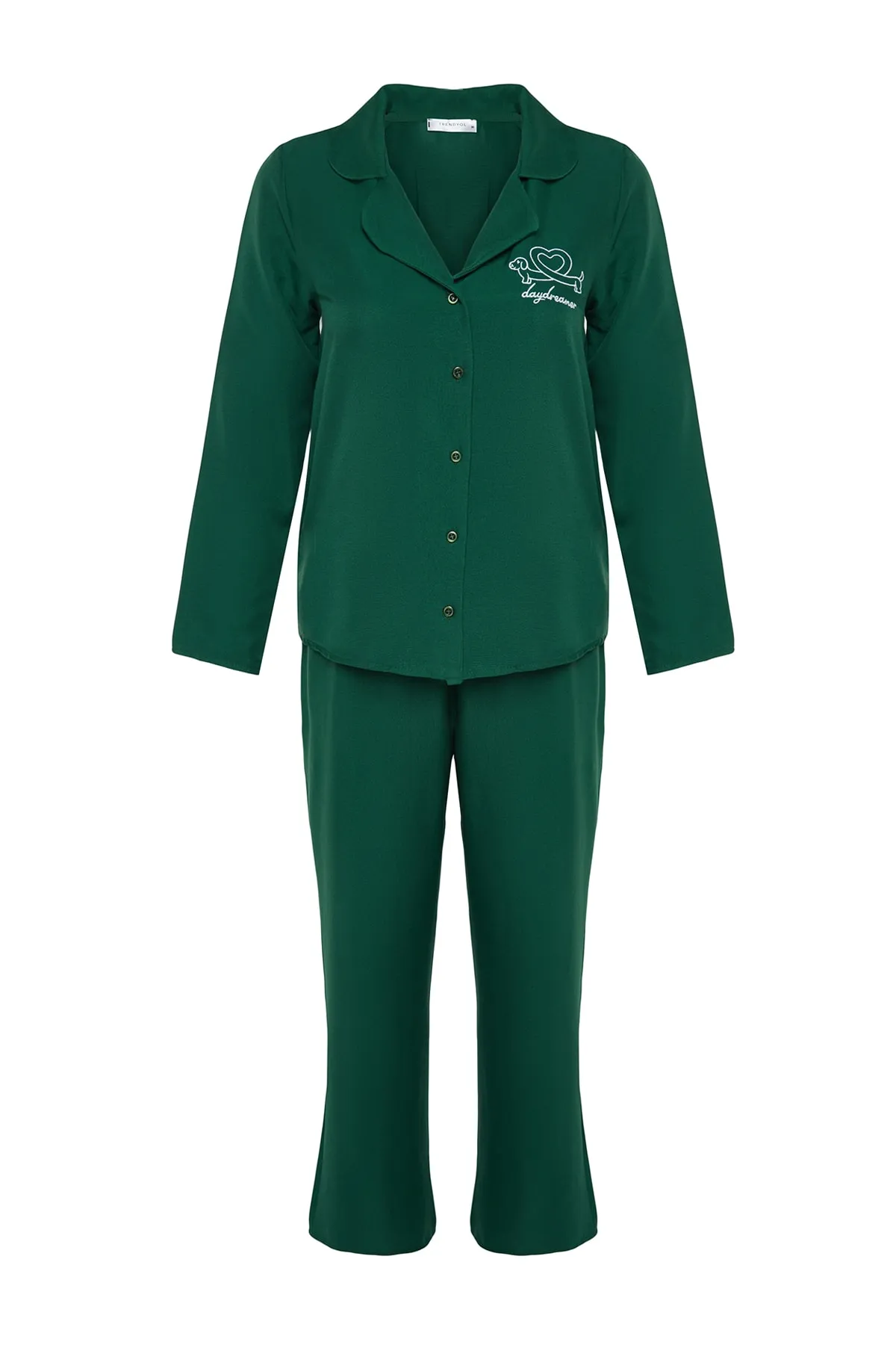 Trendyol Collection  Smaragdgrünes, besticktes Pyjama-Set aus Hemd und Hose aus Webstoff THMAW24PT00000