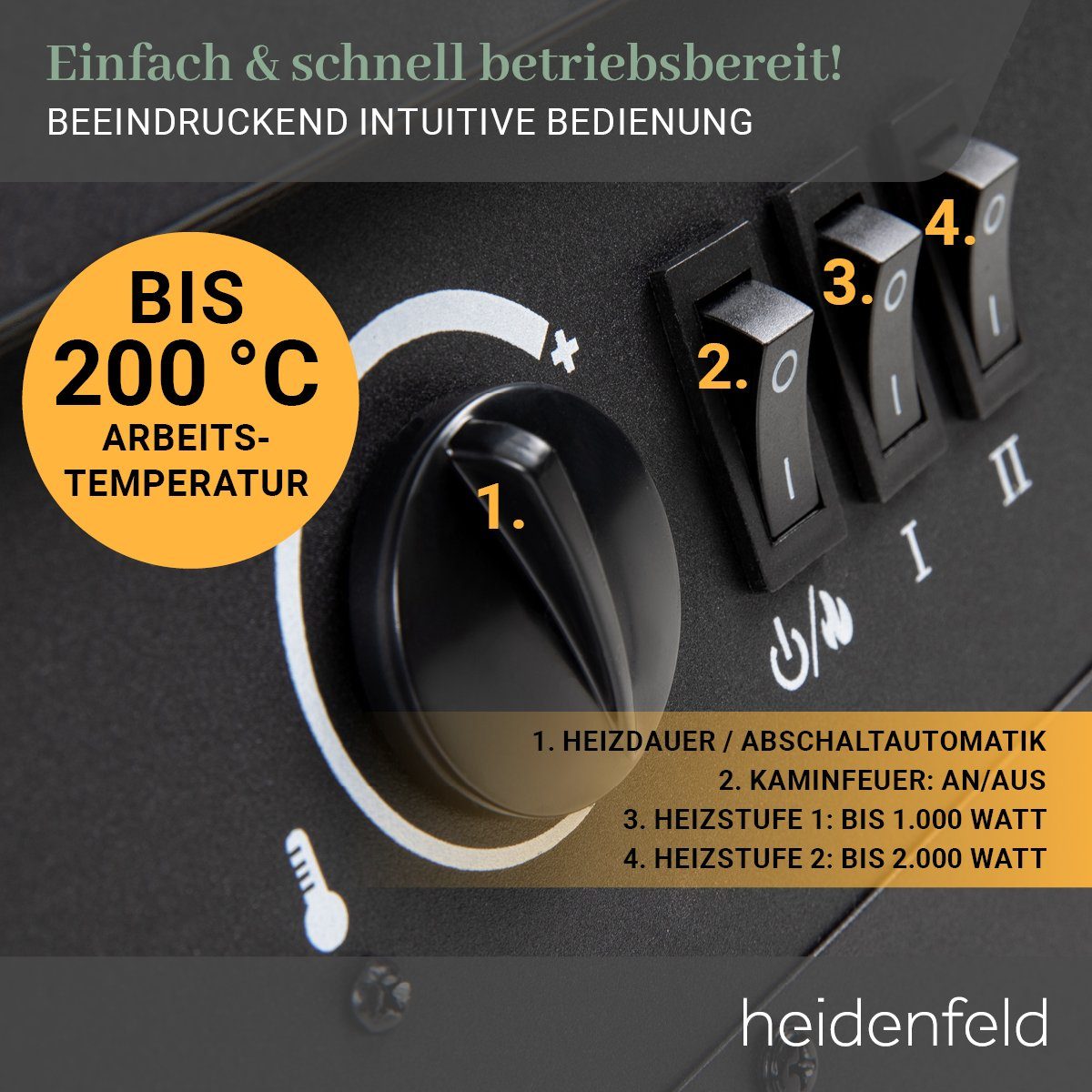 Heidenfeld Elektrokamin Kamin Heizung Standkamin EK100 2000 Watt inkl. 3 Jahre Garantie, 3D Kaminfeuer- Dreiseitige Glasfront - Kaminofen - Elektroheizung