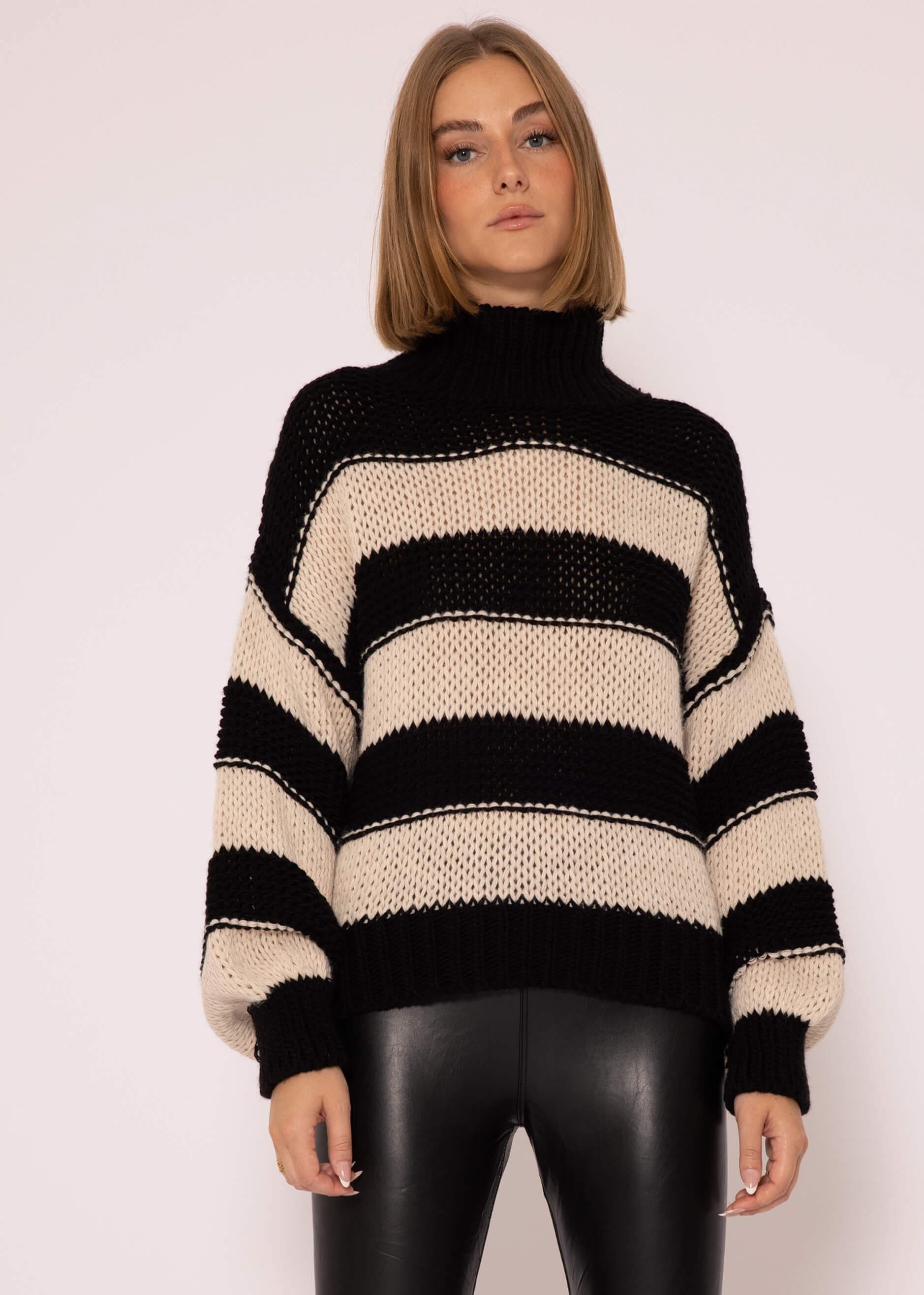 SASSYCLASSY Rollkragenpullover Rollkragen Pullover Damen mit Streifen Rollkragenpullover mit Blockstreifen Strickpullover mit Rollkragen