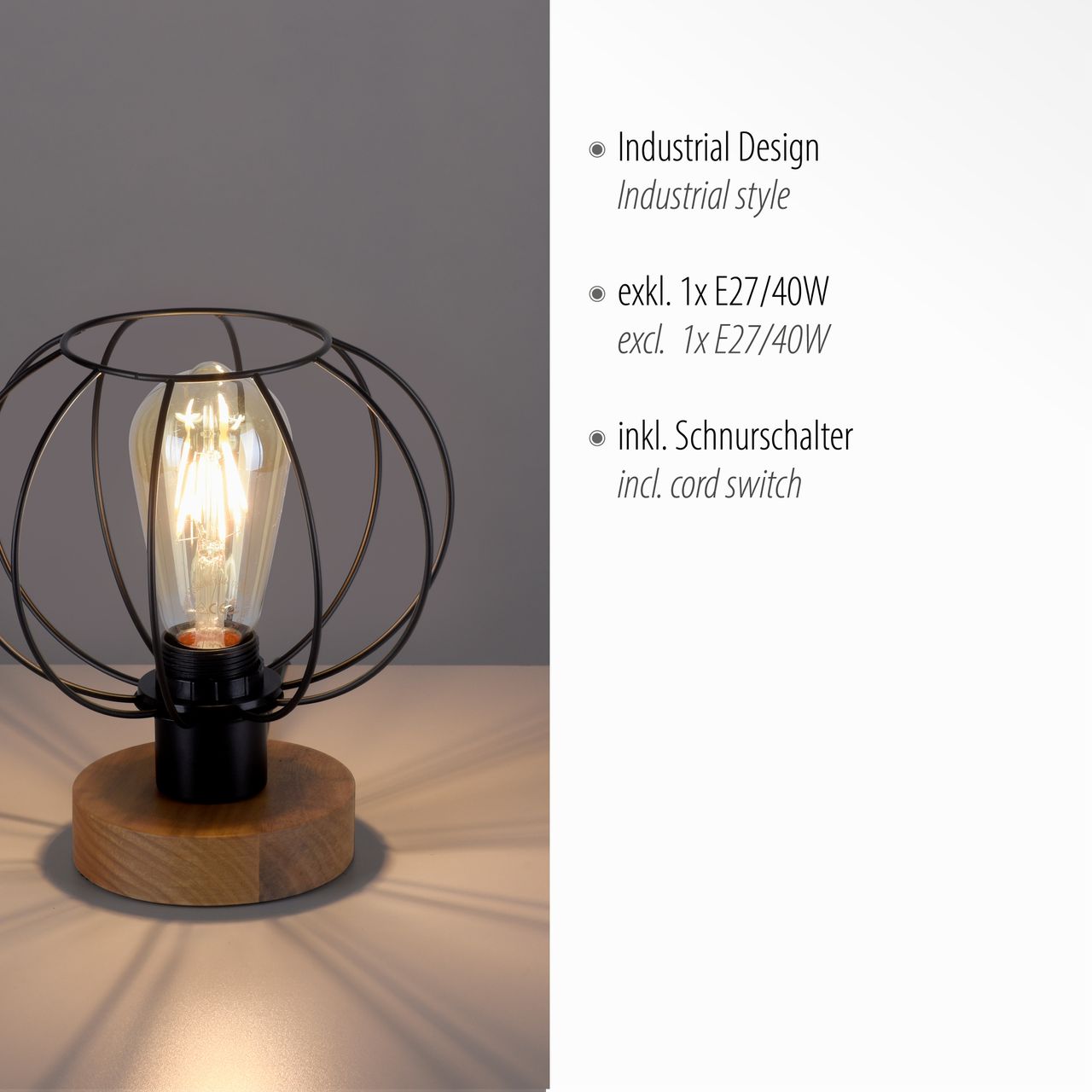 JUST LIGHT LeuchtenDirekt Tischleuchte KASKA, Holzdekor, 1xE27 max. 40 W, Innenleuchte, IP20