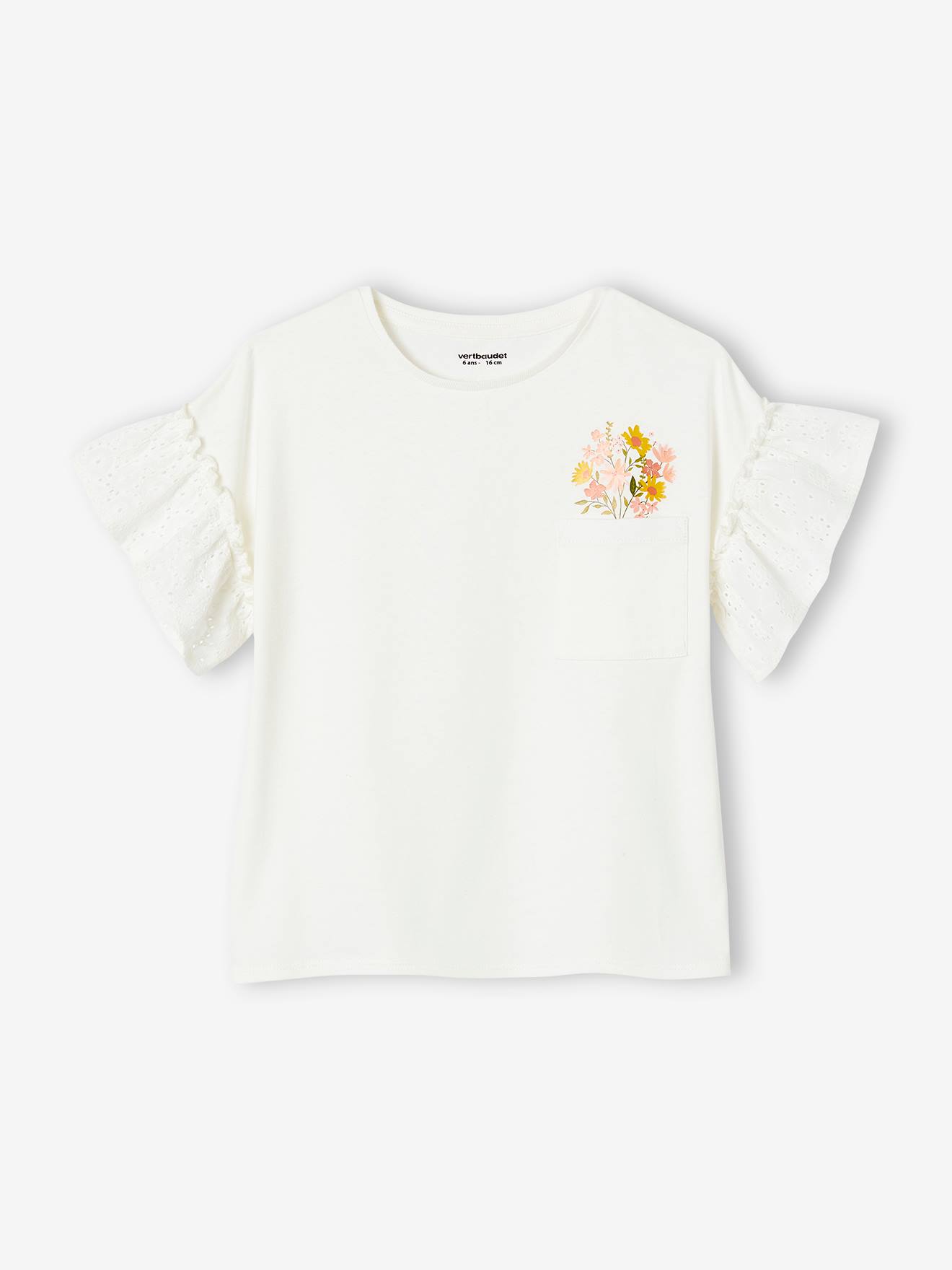 T-shirt manches à volants en broderie anglaise fille pêche