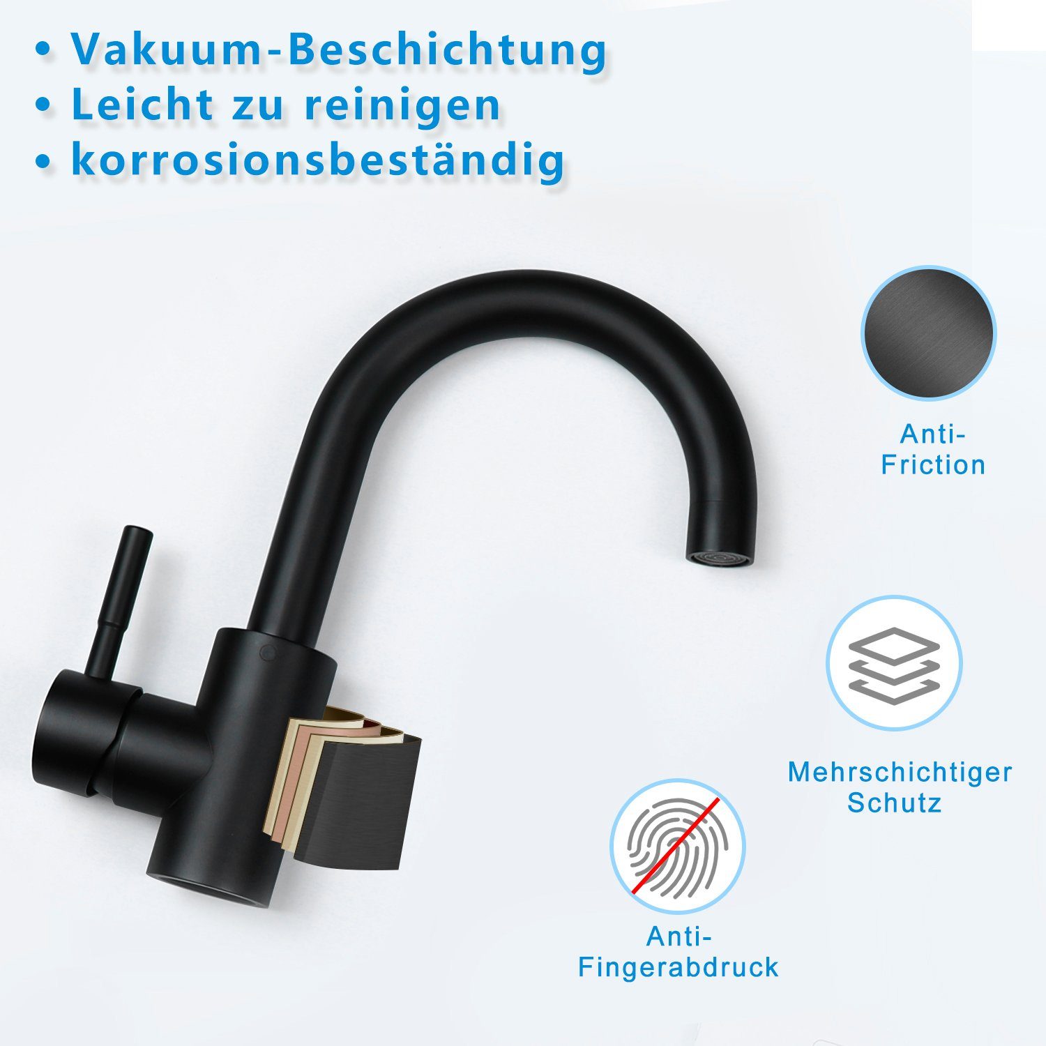 ZMH Waschtischarmatur Waschbecke Drehbar Hochdruck Edelstahl zugstang Schwarz