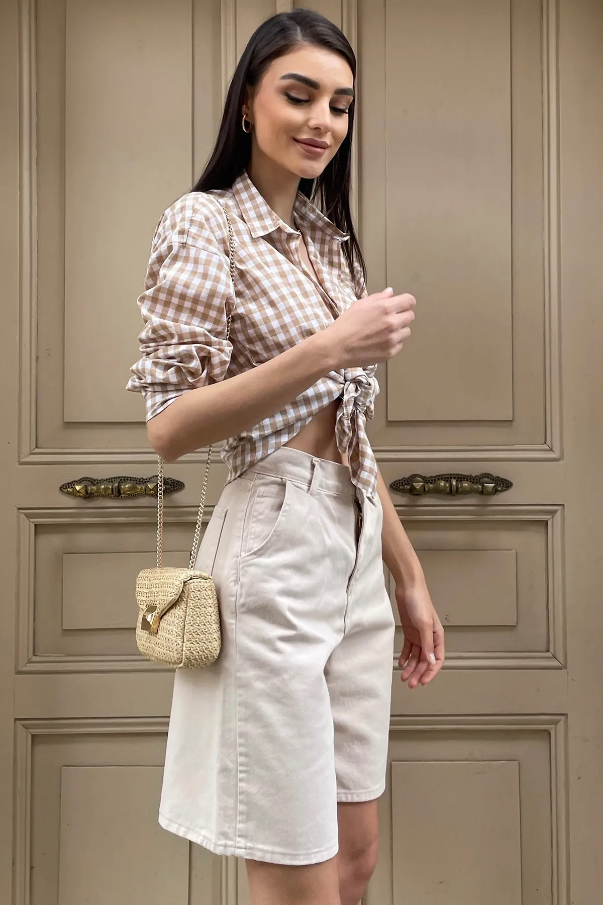 Trend Alaçatı Stili  Beige Bermuda-Jeansshorts für Damen mit hoher Taille und weitem Bein ALC-X8174