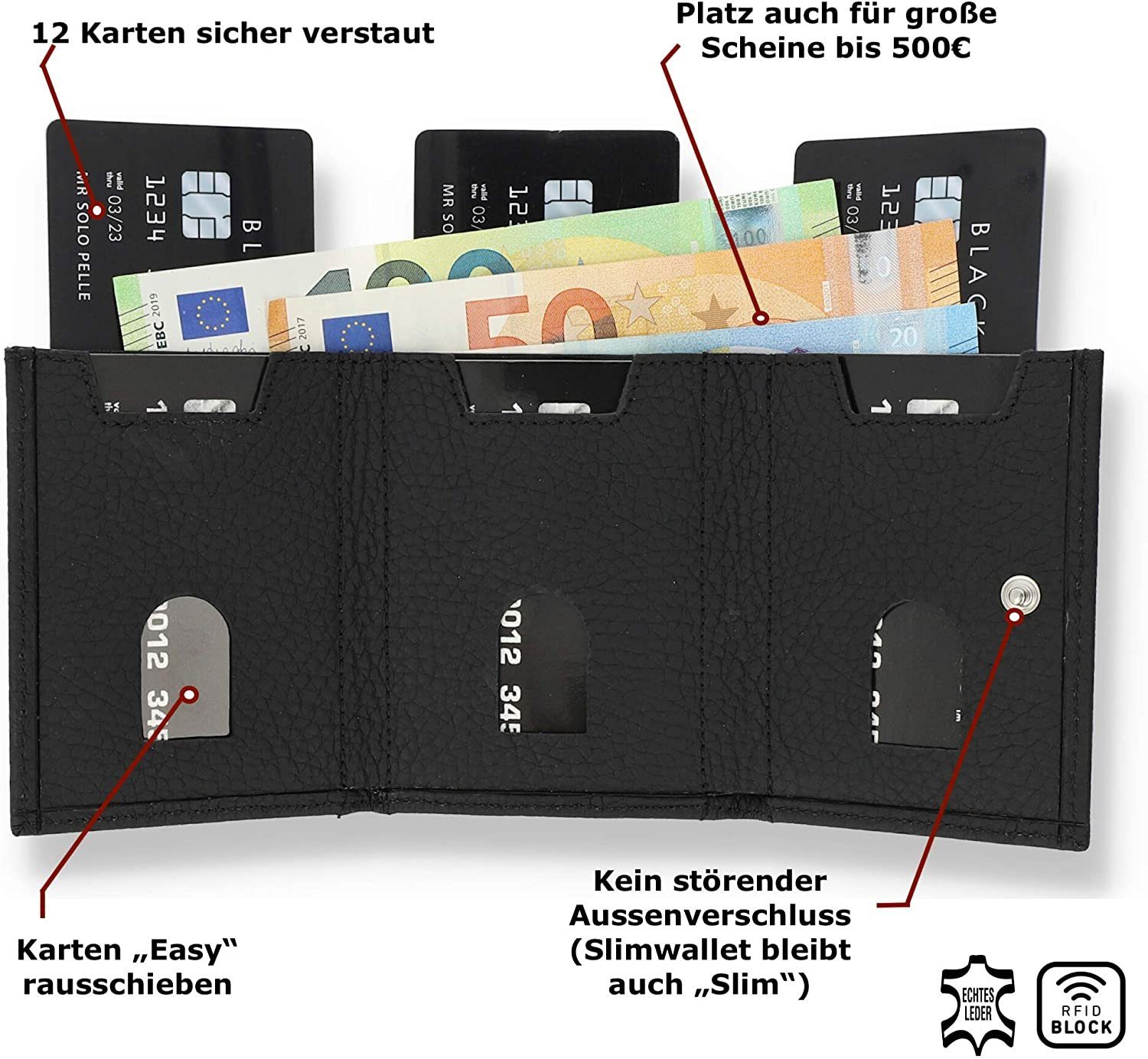 Solo Pelle Brieftasche Slim Wallet mit Münzfach [12 Karten] Slimwallet Riga [RFID-Schutz], echt Leder, RFID Schutz, Macde in Europe