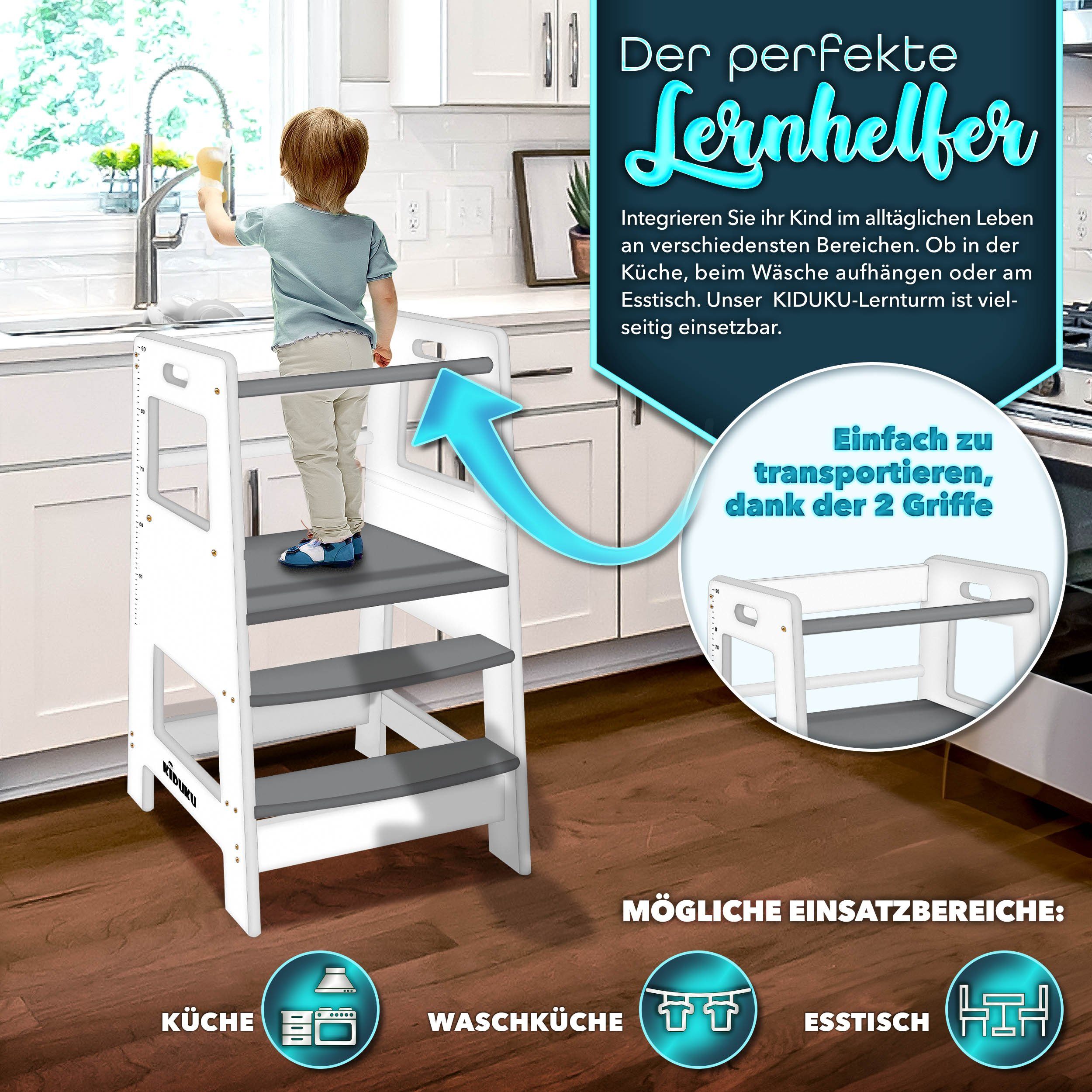 KIDUKU Stehhilfe Lernturm aus Holz ab 1 Jahr mit 4 Stück Antirutsch Pads (Montessori Kinder-Schemel für Kinder), Lerntower für höchste Sicherheit, Learning Tower für Mädchen & Jungen