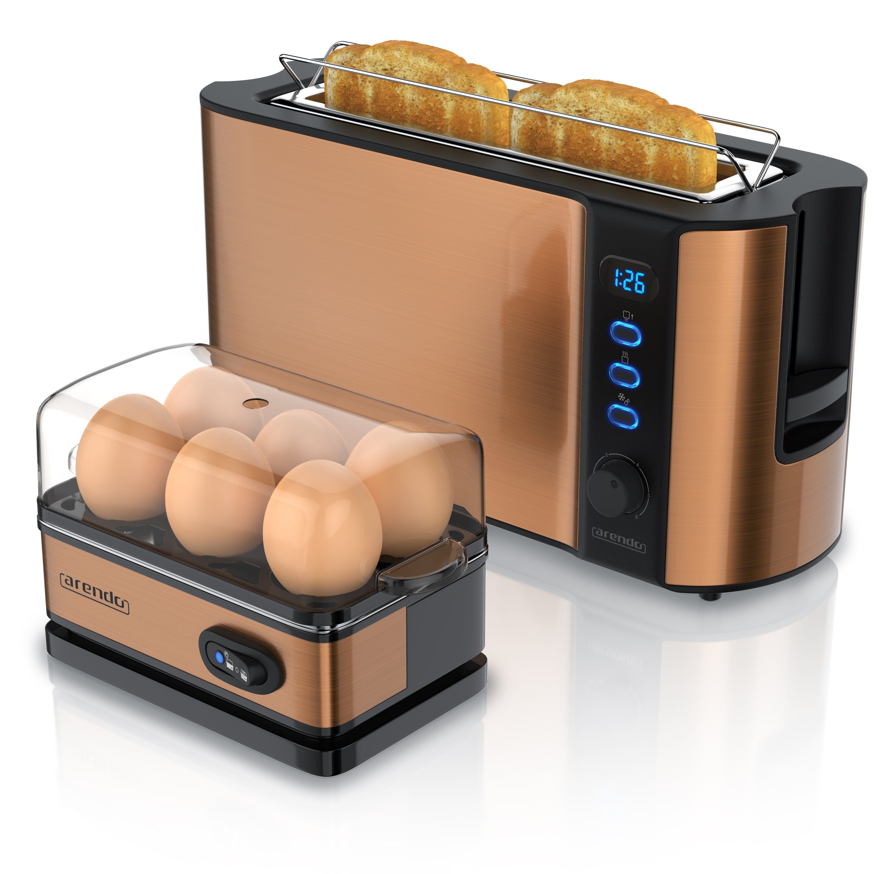 Arendo Frühstücks-Set (2-tlg), 2-Scheiben Langschlitz Toaster, 6er Eierkocher, Kupfer