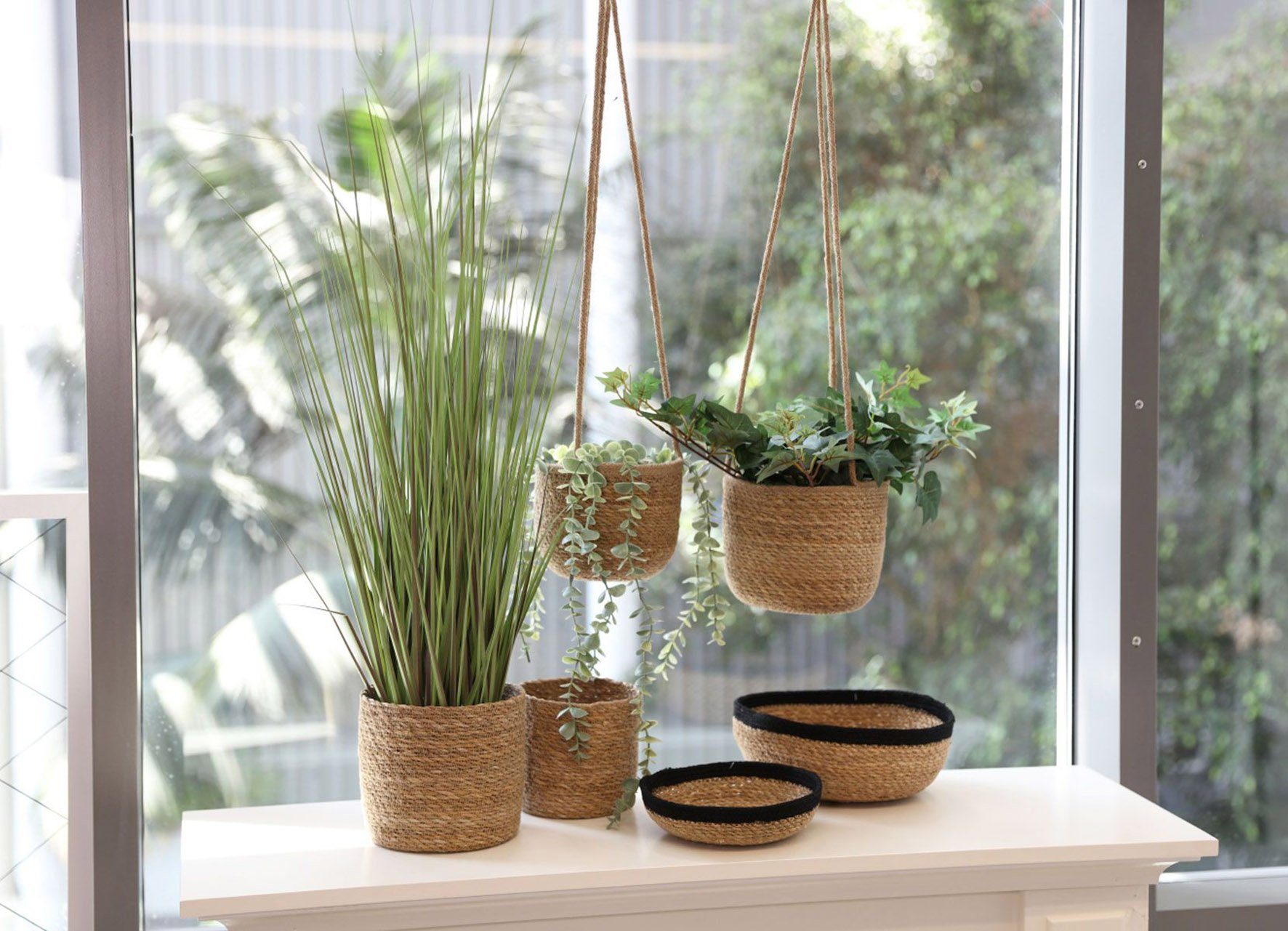 Spetebo Übertopf Seegras Blumenampel natur - 3er Set (Packung, 1 tlg), Geflochtene Boho Chic Blumentöpfe