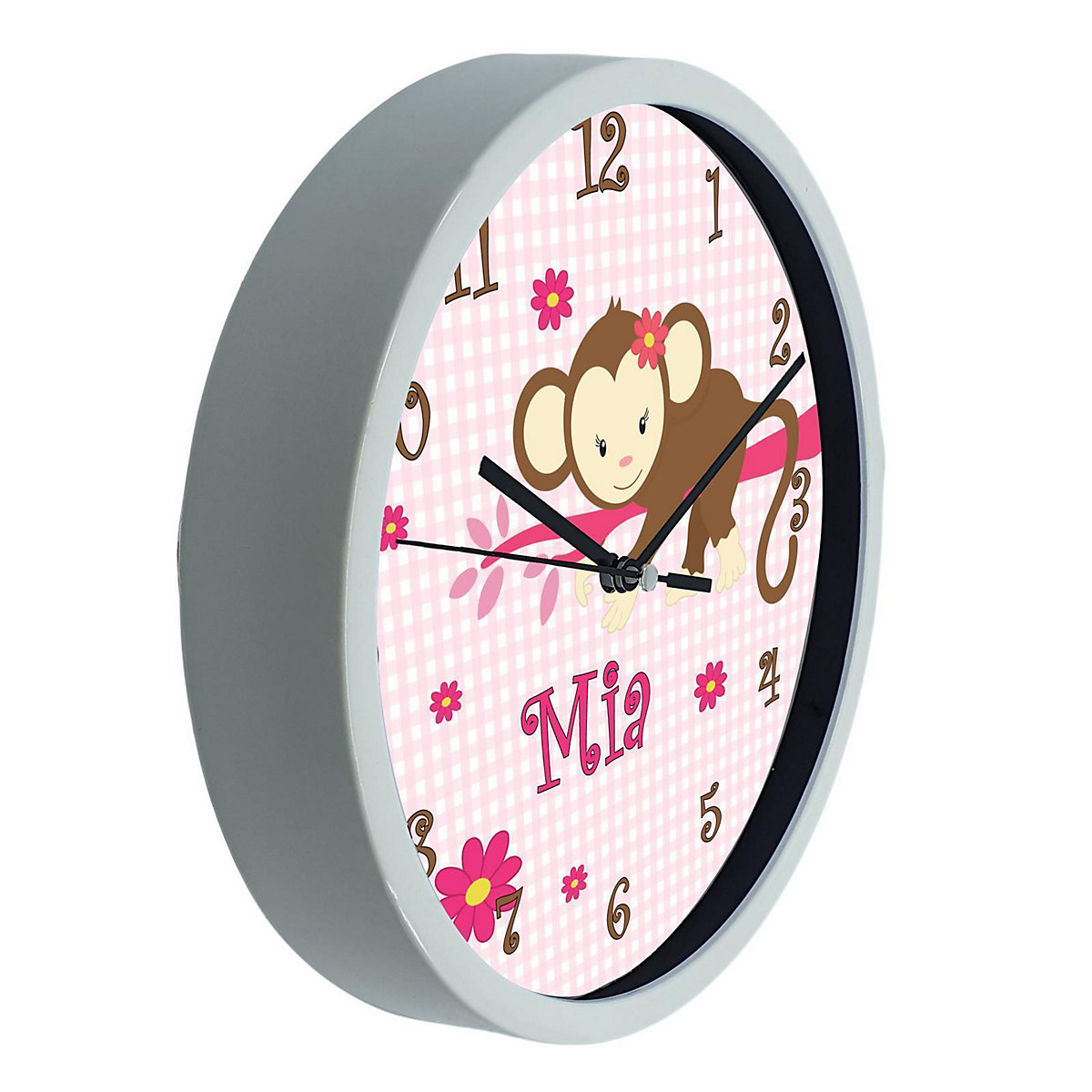Kinder Wanduhr personalisiert mit Name Affe hängend Rosa