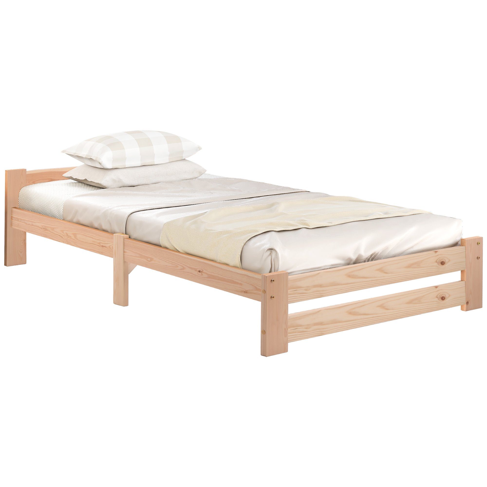 OKWISH Massivholzbett Natur Bett, Futonbett, Massivholzbett Einzelbett Kinderbett Gästebett (mit Kopfteil und Lattenrost, 200x90cm), Matratze nicht enthalten