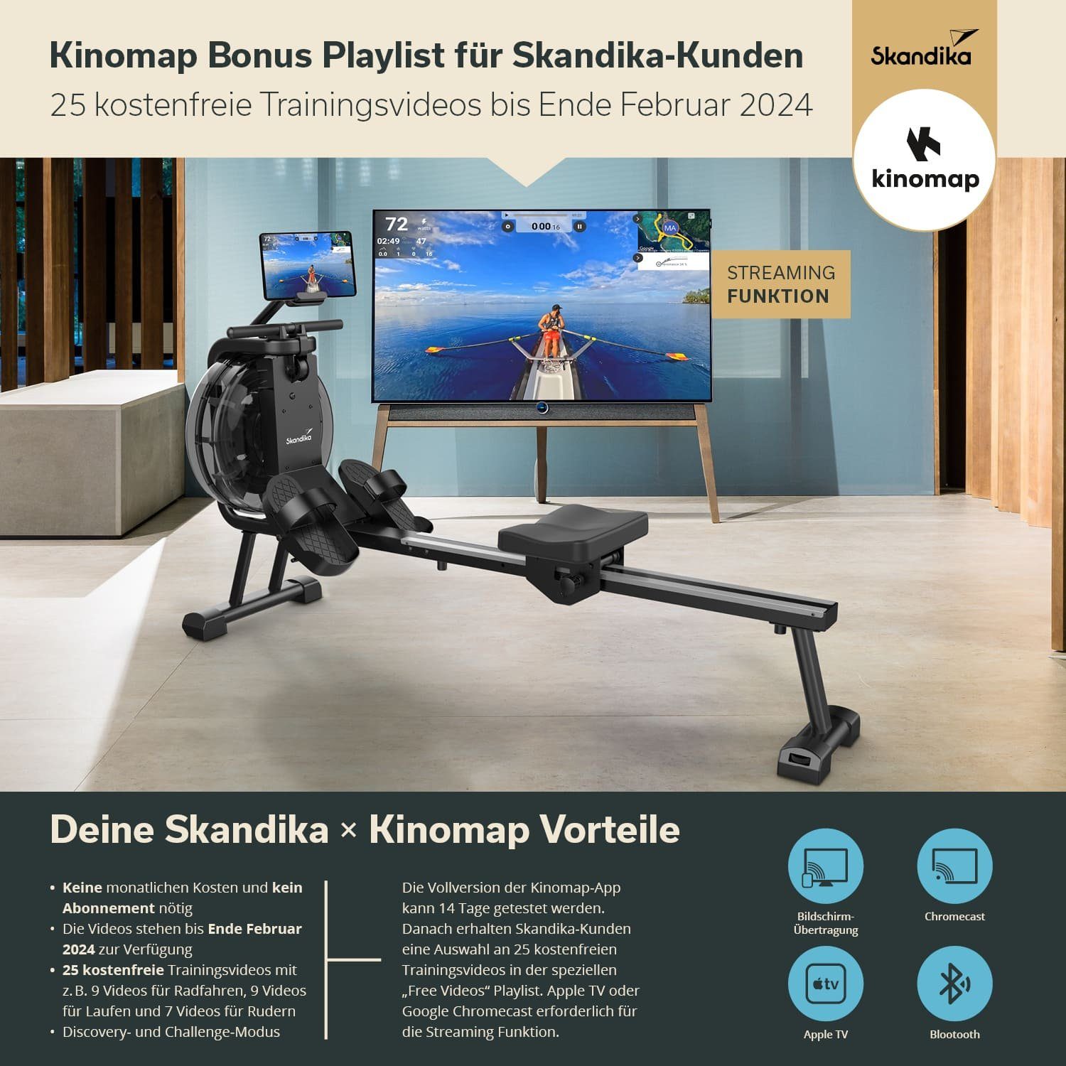 Skandika Rudergerät Mora Wasserrudergerät, mit Wasserwiderstand, Kinomap App, Bluetooth, Computer, aufstellbar