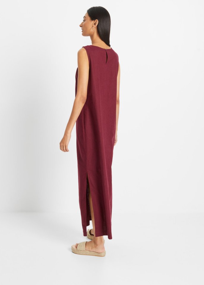 Maxi-Kleid mit Leinen, Lochmuster am Ausschnitt und Seitenschlitz